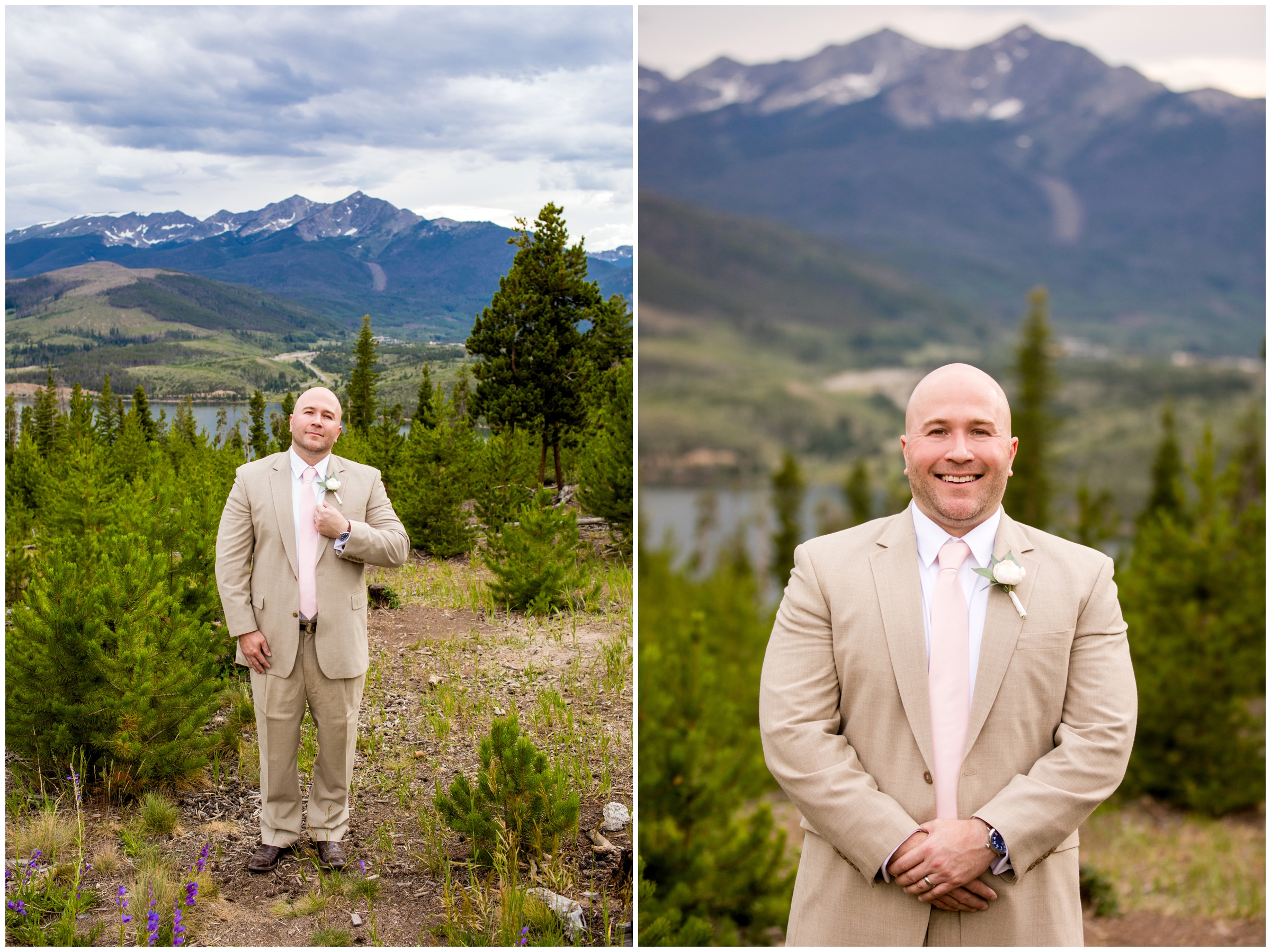 Colorado groom in tan suit with mountains in background 