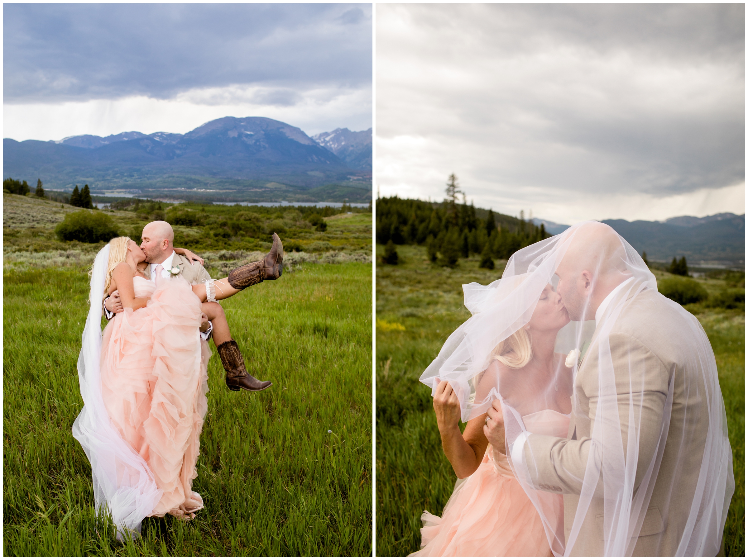 Bride and groom kissing under veil during Colorado elopement wedding photos in Breckenridge