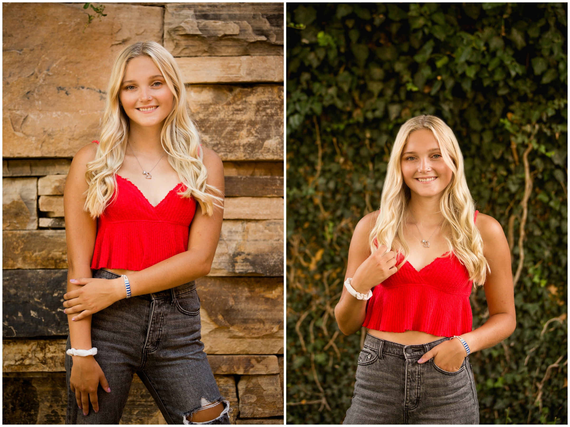 teen posing in front of ivy wall during Longmont Colorado senior photography session 