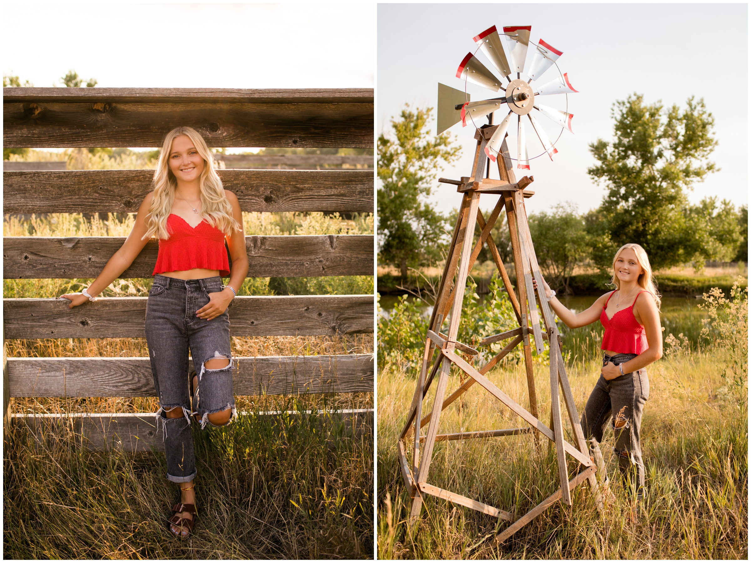 teen posing with windmill during rustic Colorado senior pictures