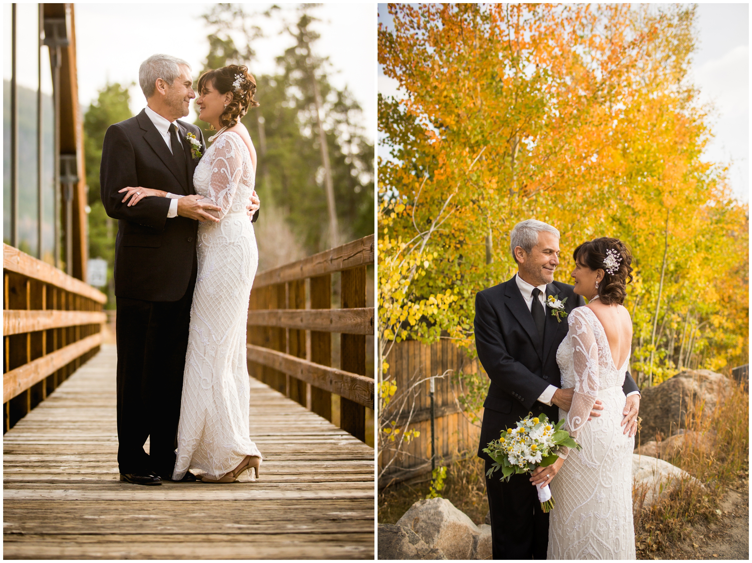 couple posing on wooden bridge during Grand Lake Colorado elopement wedding portraits