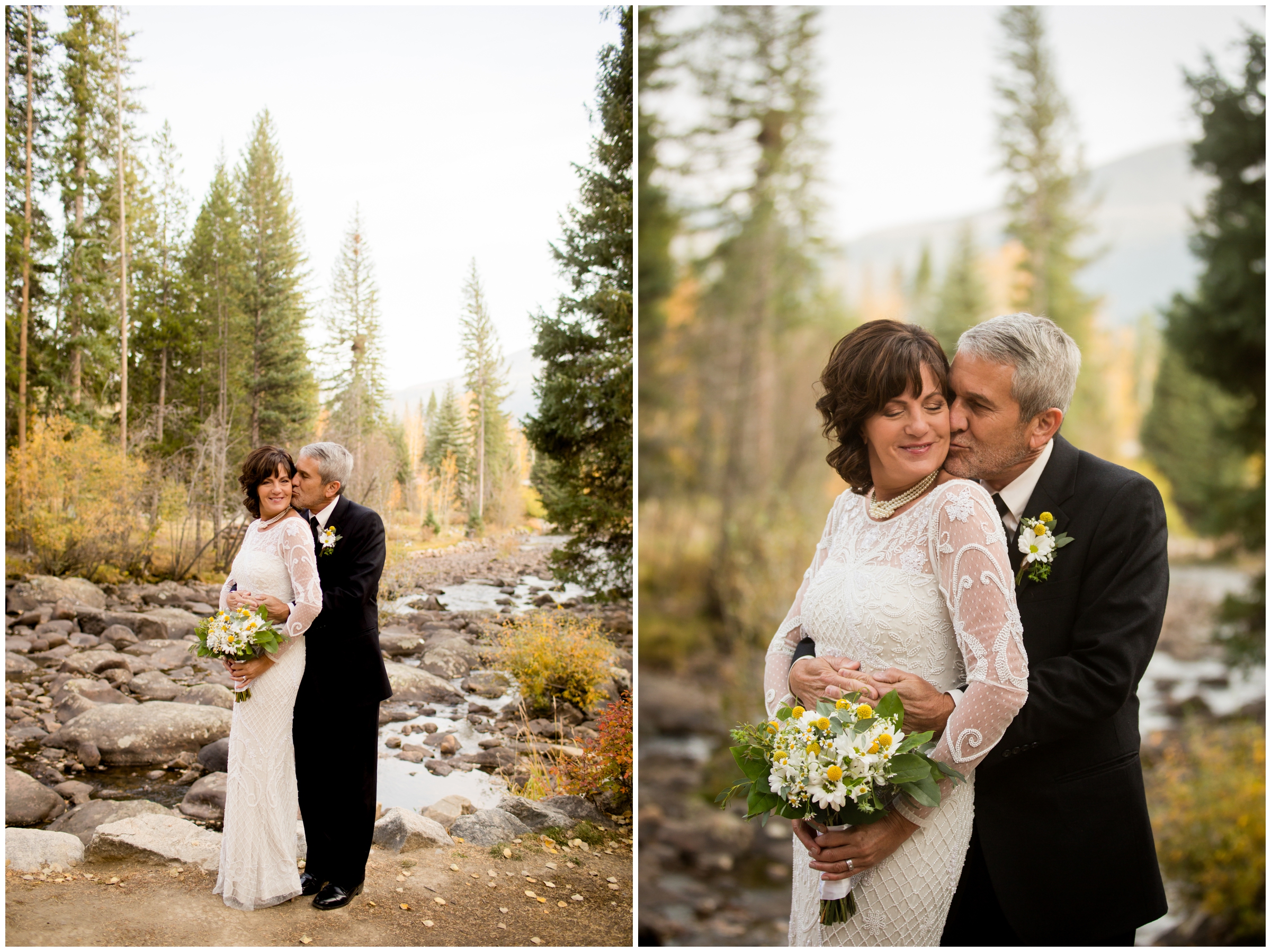 couple posing next to river during Colorado mountain elopement pictures 