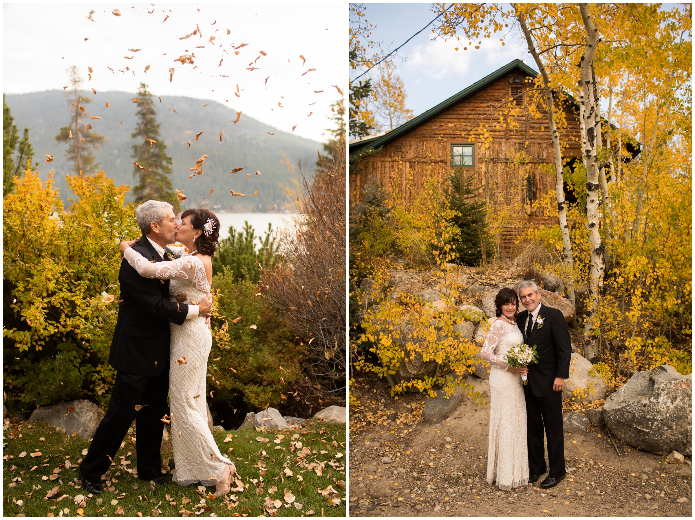 fall leaves flying in the air during Grand Lake Colorado rustic wedding photos 
