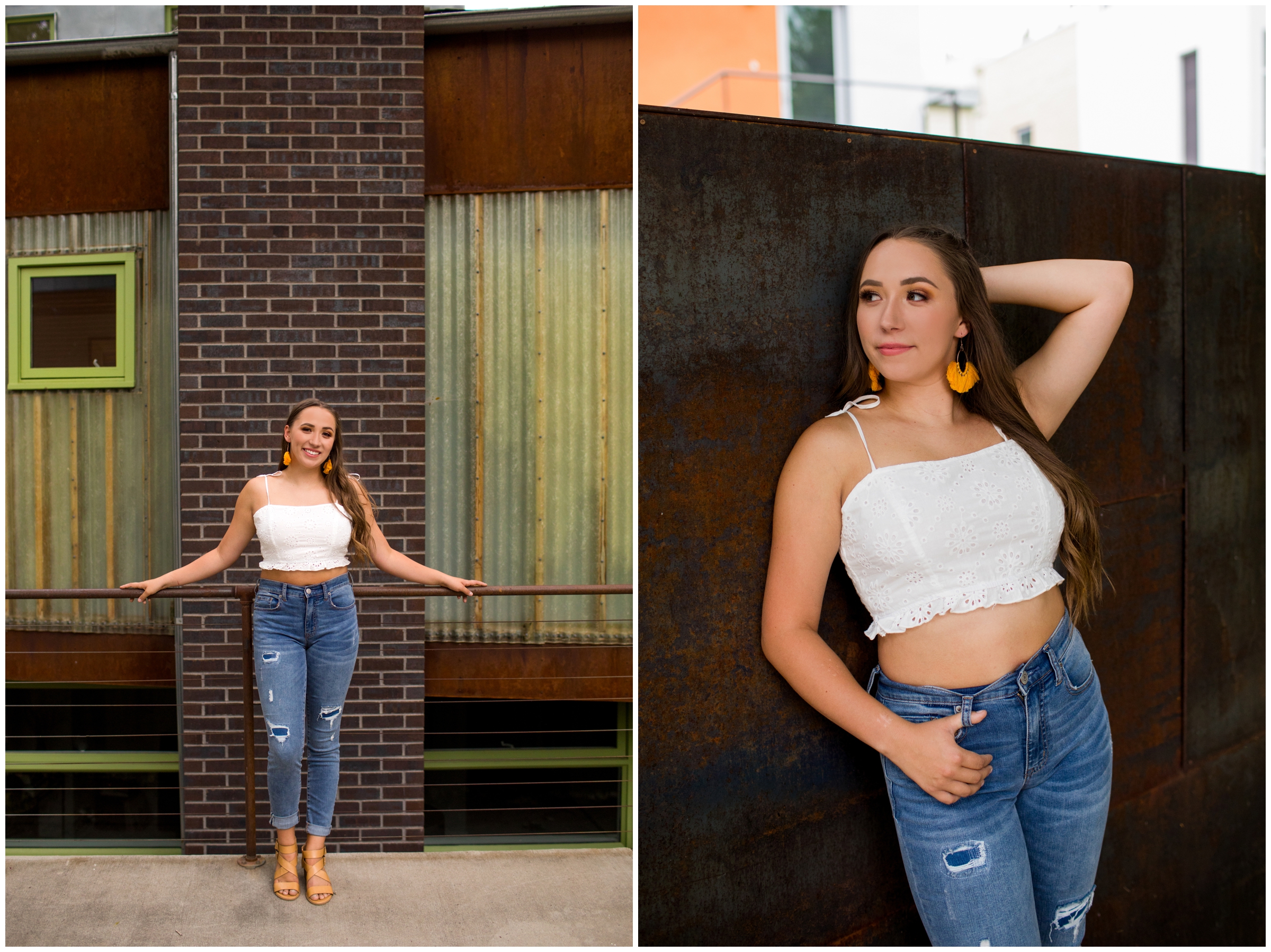 teen leaning against brick wall during urban Longmont Colorado senior photography session 