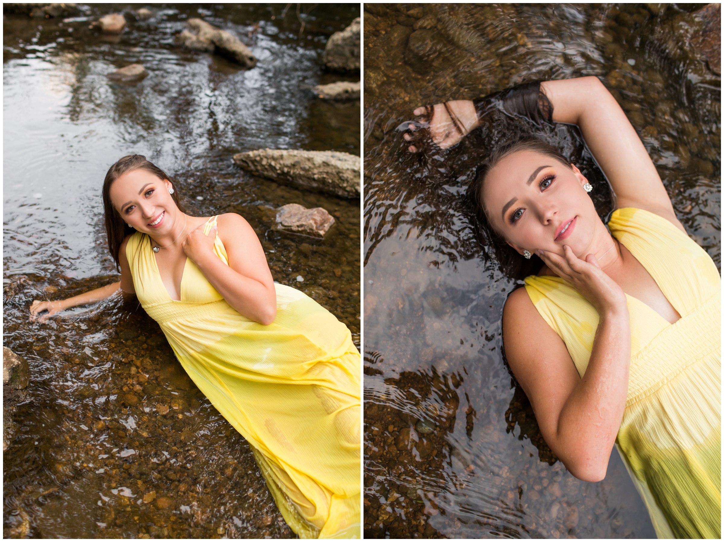 teen girl laying in river during Longmont Colorado senior session at Golden Ponds