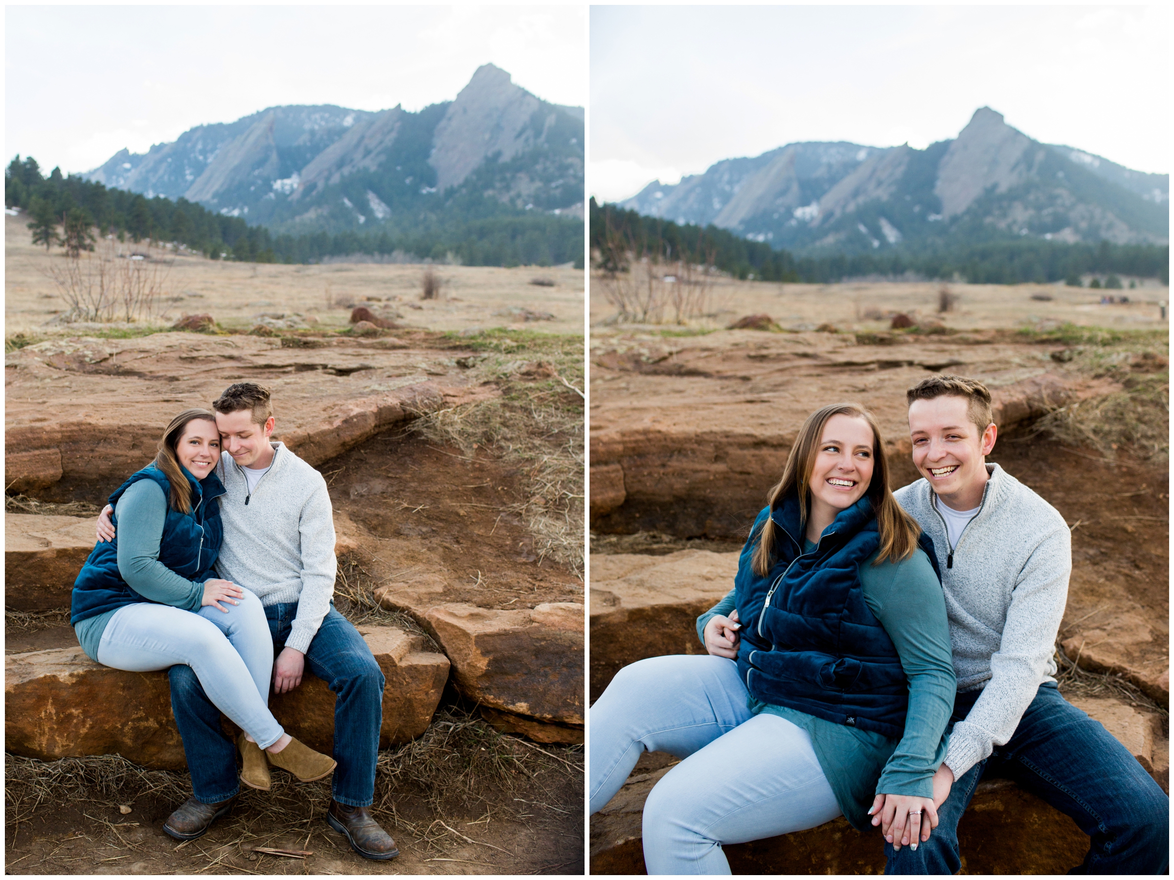 couple sitting on stairs during Boulder Colorado flatirons engagement photos 