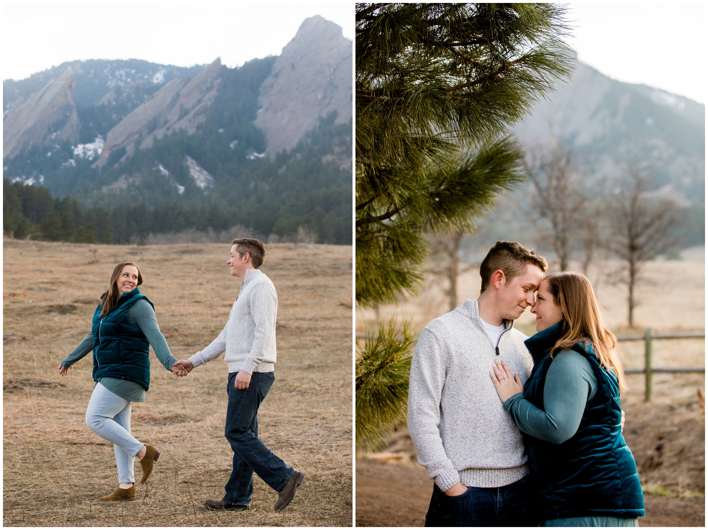 couple walking with flatirons in the background during Boulder springtime couple's photography session 