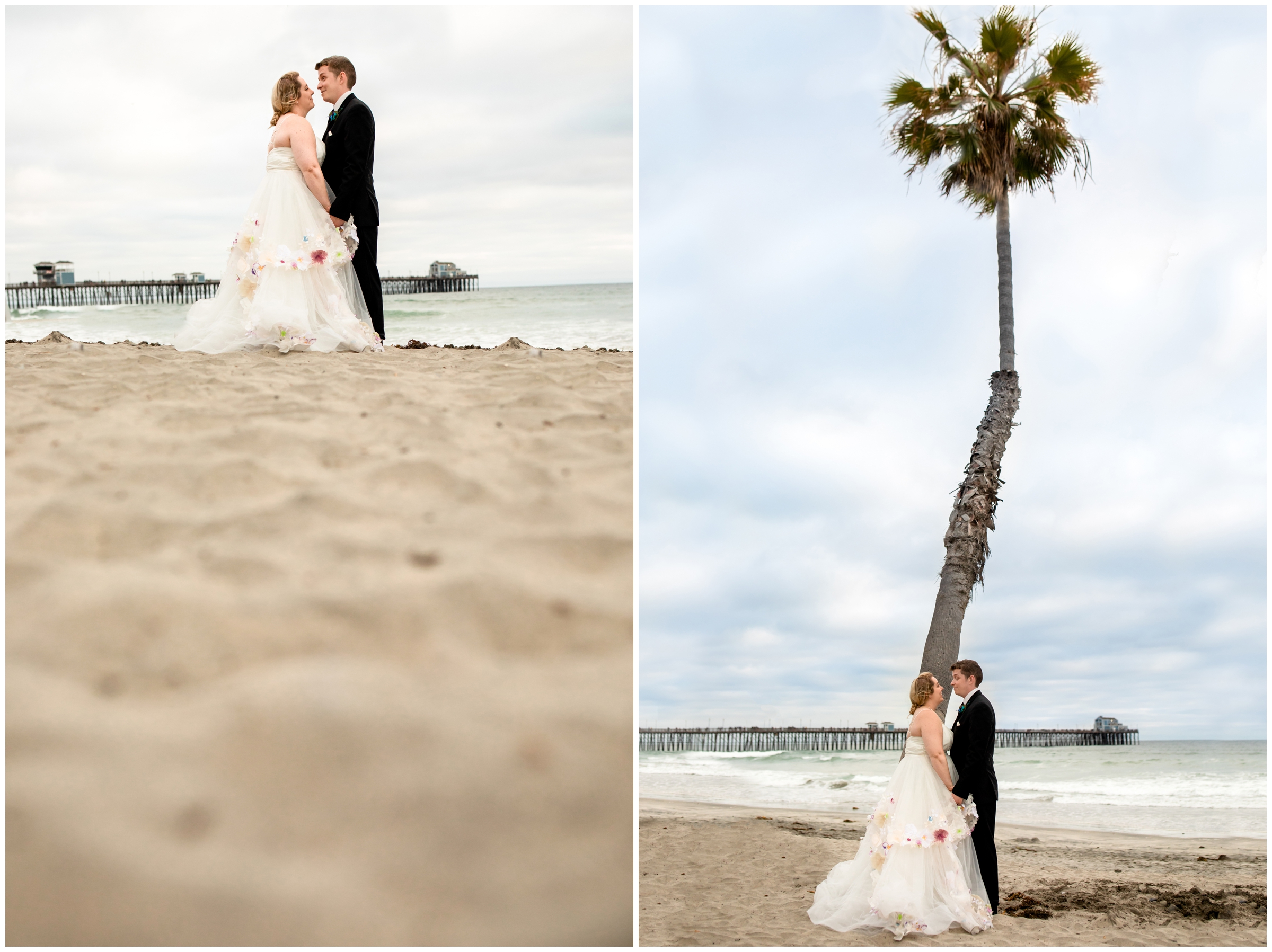Carlsbad wedding pictures on the beach in front of a palm tree 
