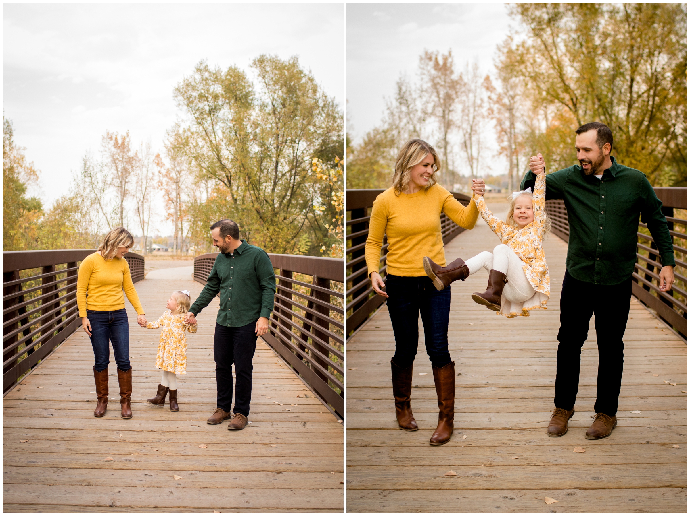 family walking on wooden bridge during Longmont Colorado fall mini sessions at golden ponds 
