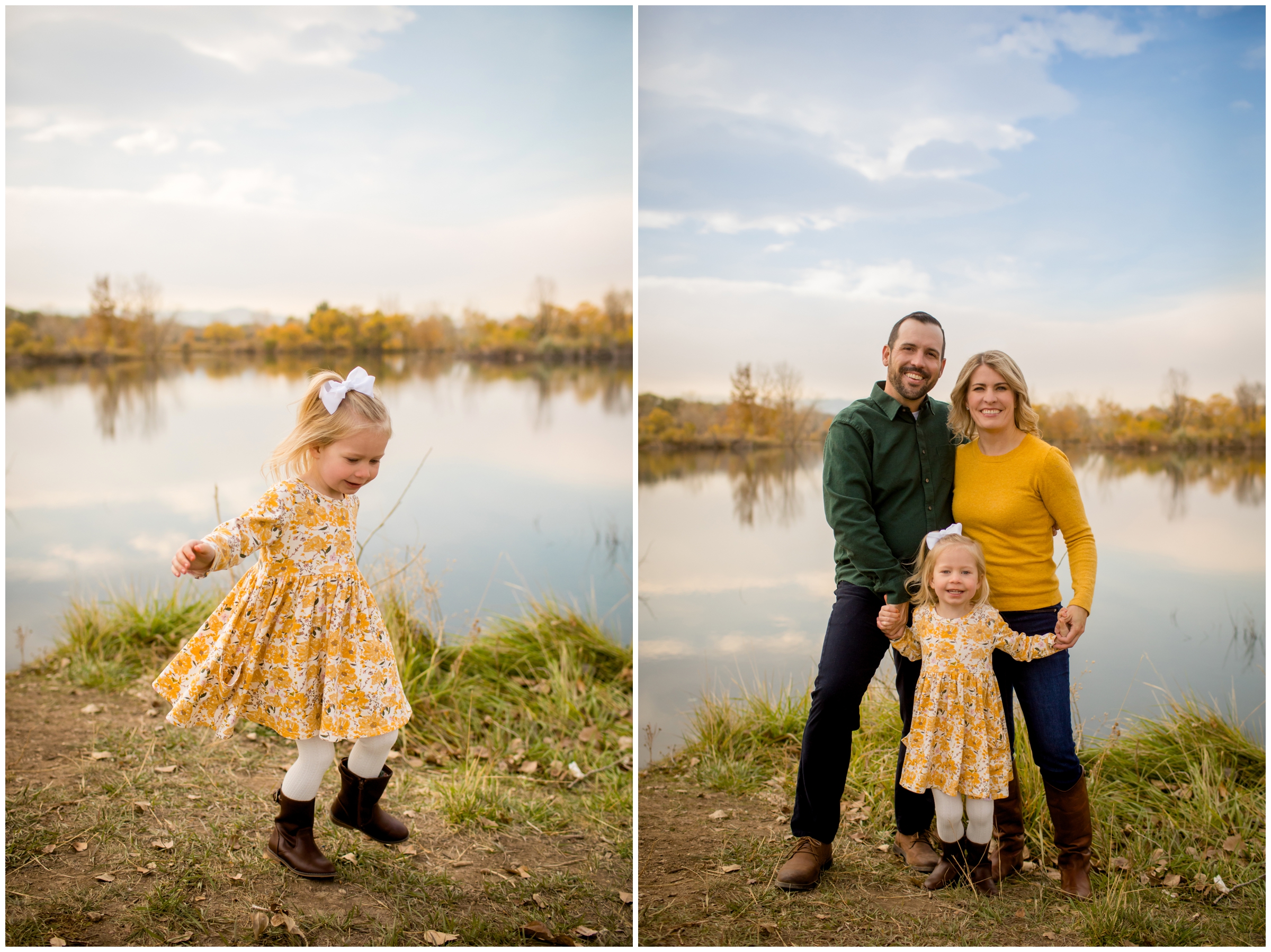 Little girl spinning with lake in background during fall Colorado family portraits 