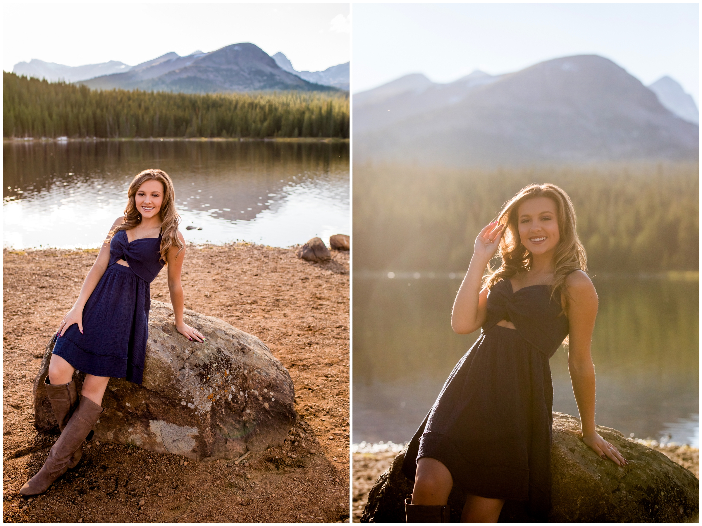 teen girl sitting on large lake during Colorado graduation pictures 