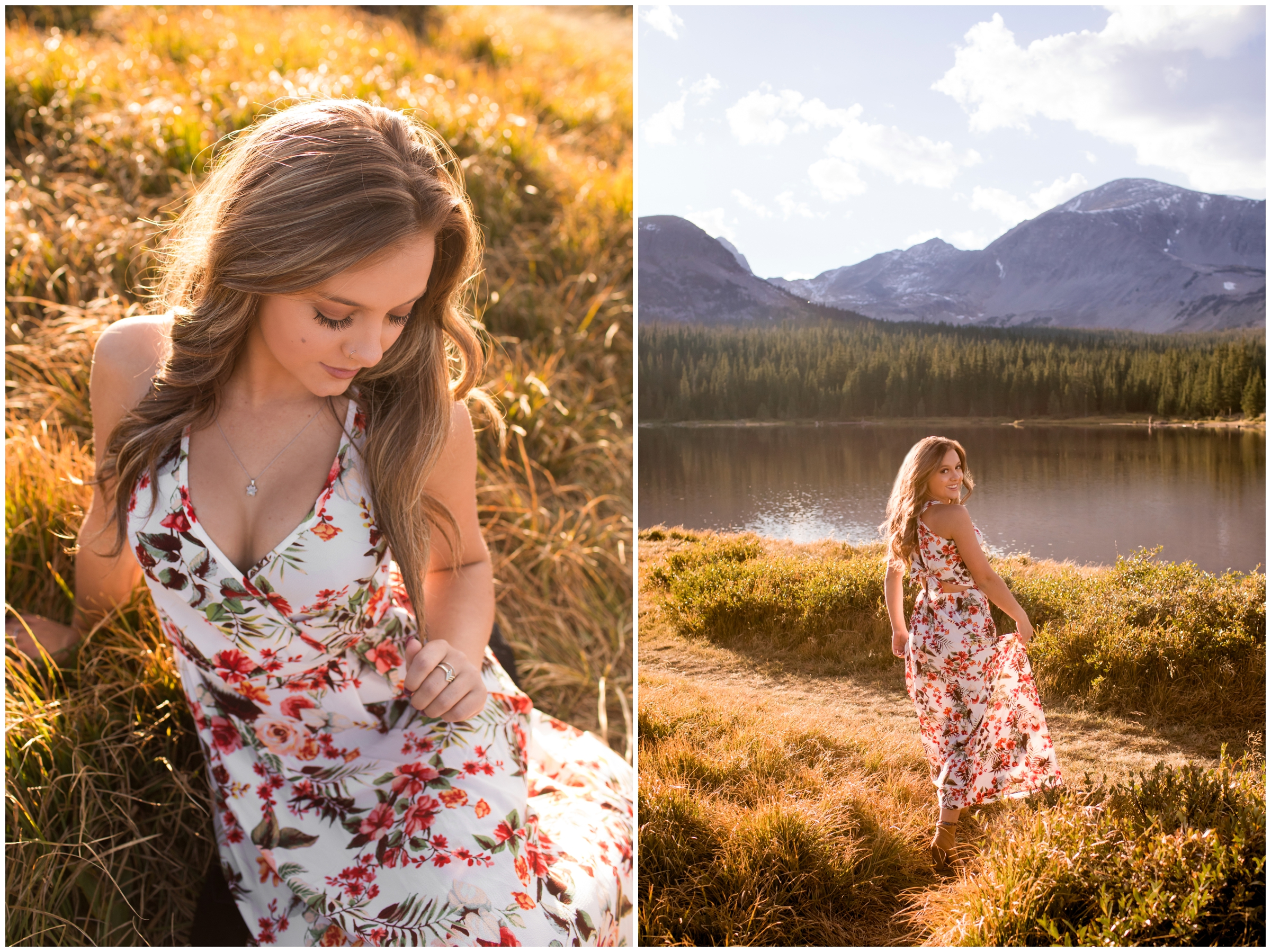 teen girl walking in floral maxi dress during mountain senior pictures 
