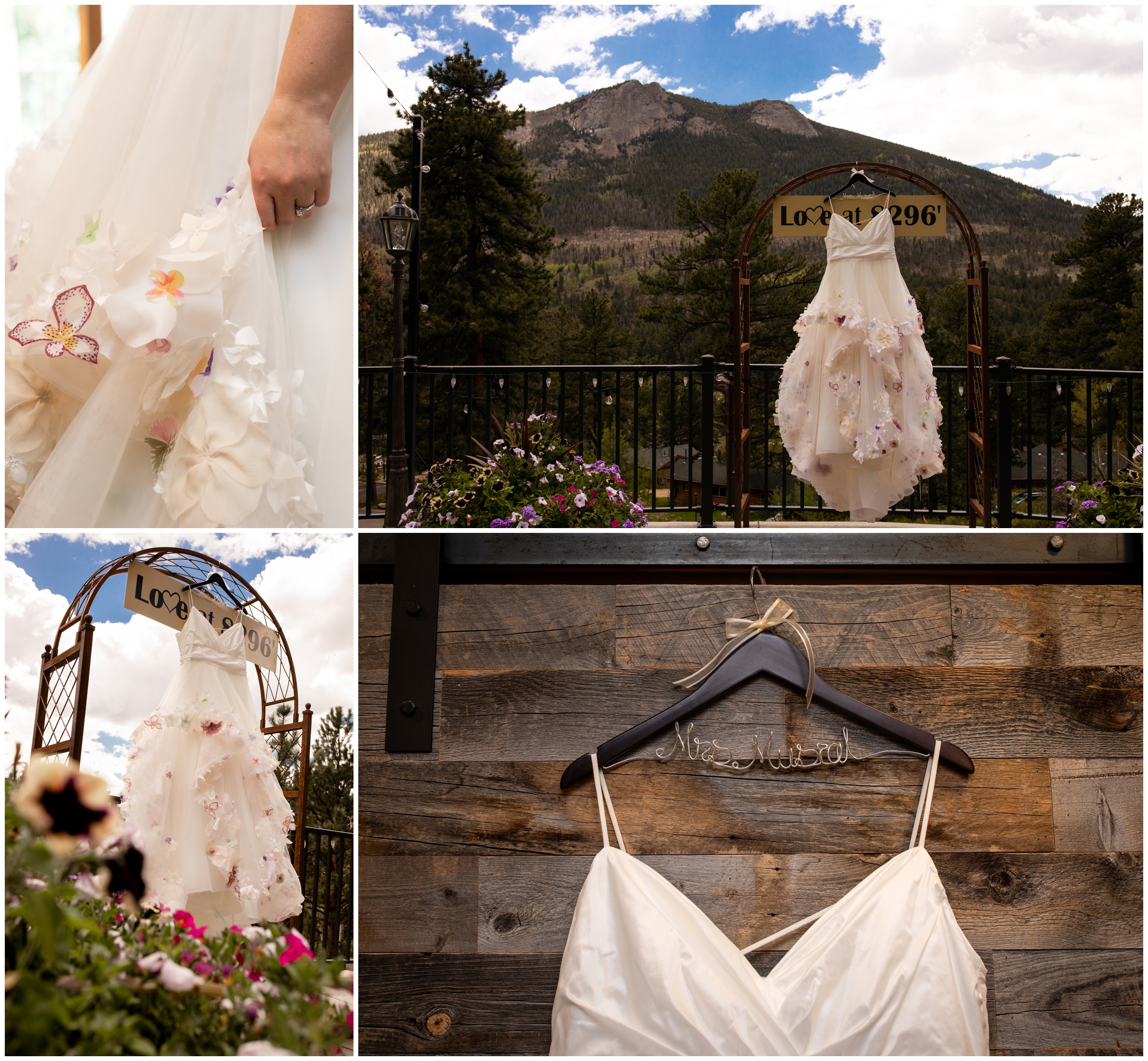 colorful wedding dress hanging with mountain in background 