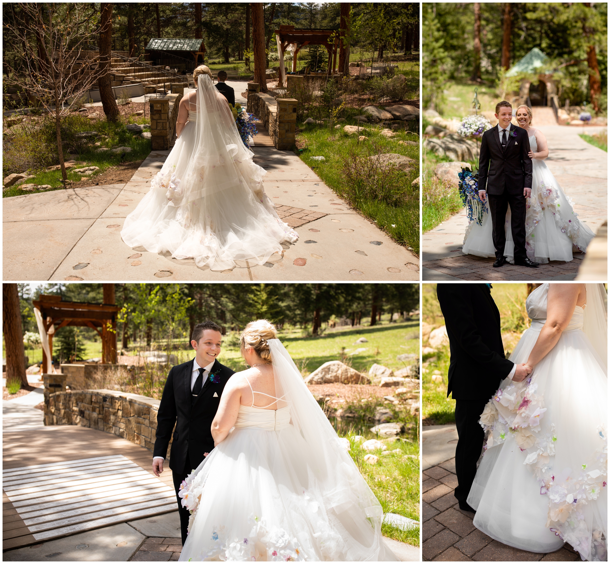 bride and groom first look on bridge during Della Terra Colorado summer wedding