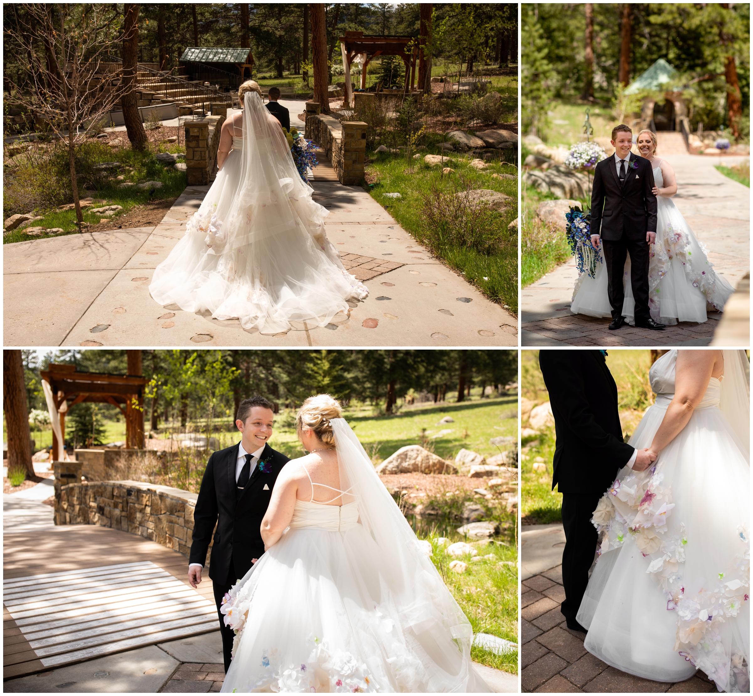 bride and groom first look on bridge during Della Terra Colorado summer wedding 