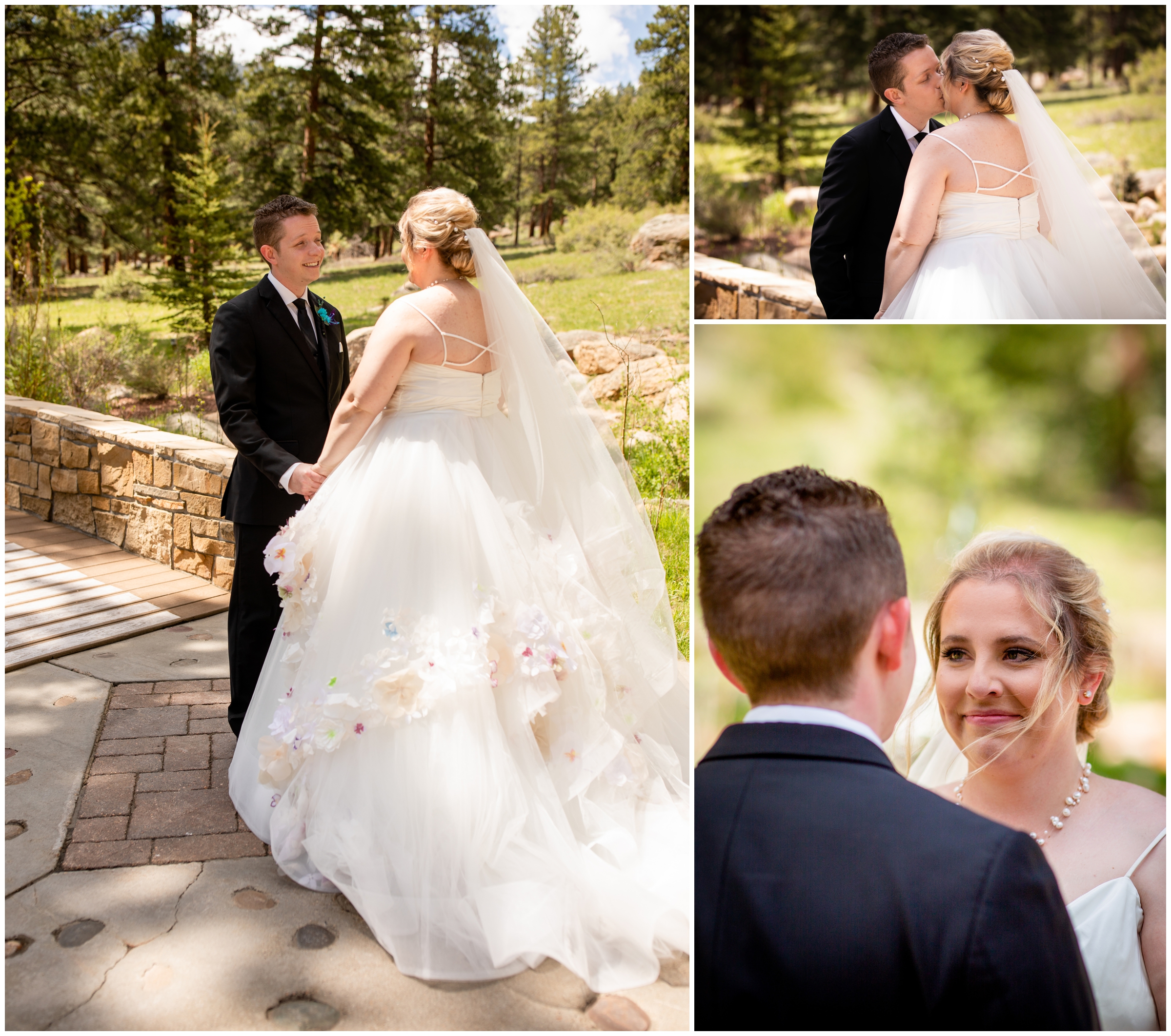 bride and groom first look on Della Terra Mountain Chateau bridge