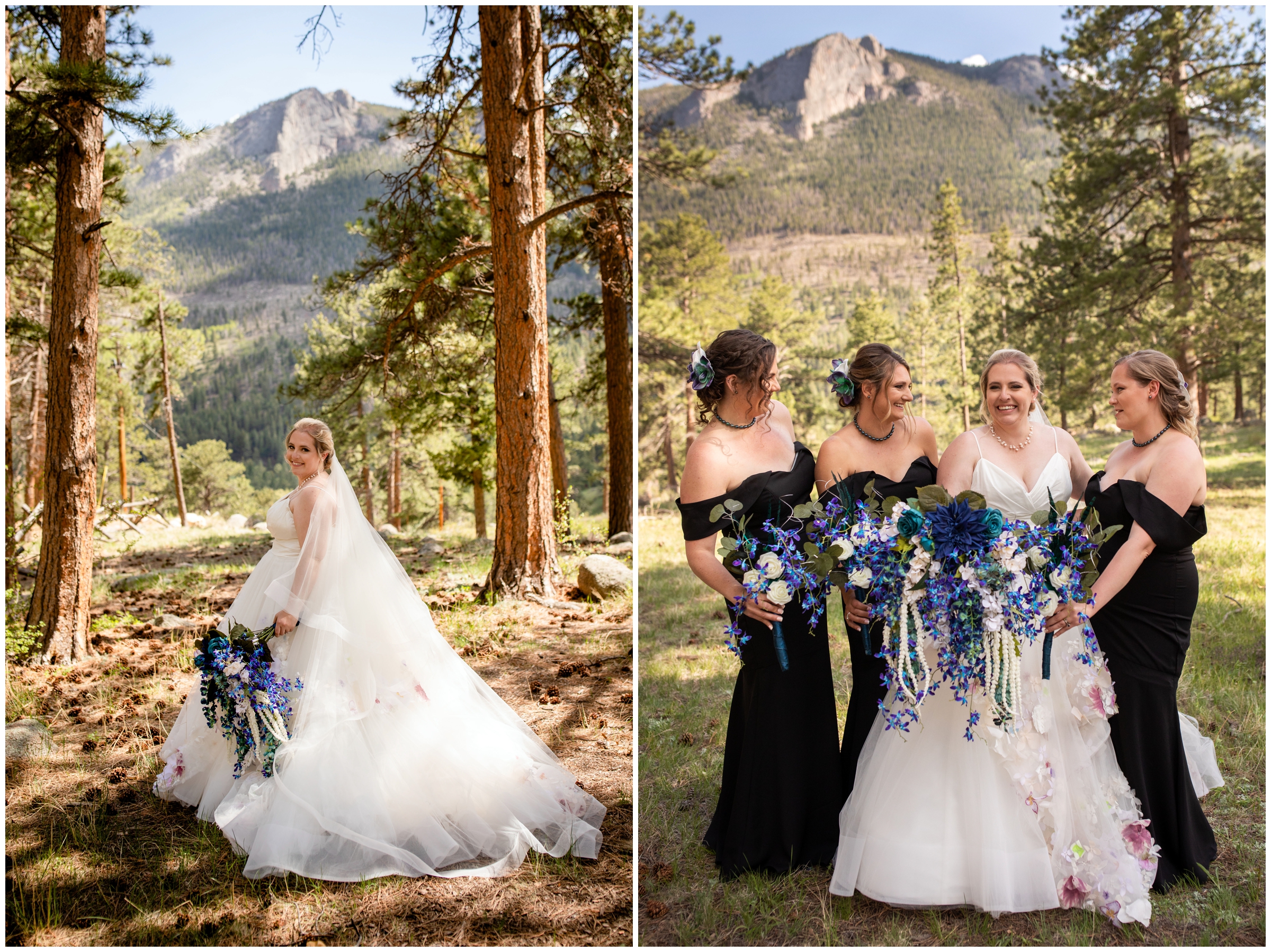 bridesmaids in long black dresses and colorful tropical bouquets 