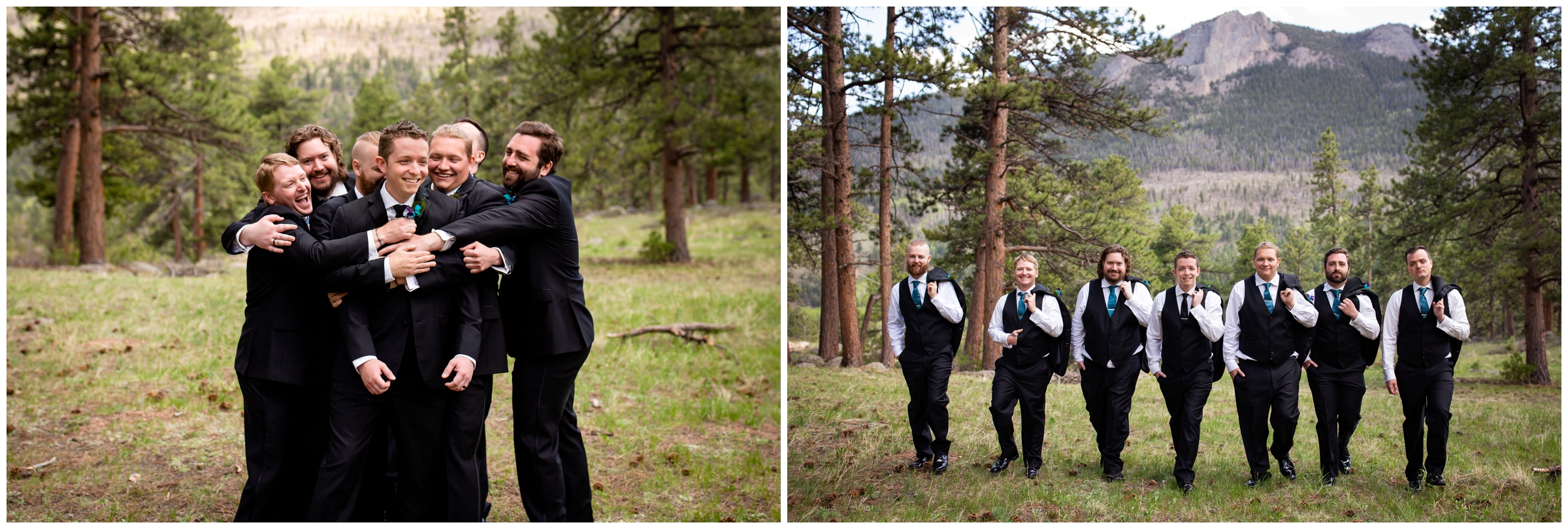 group hug of groom and groomsmen during Estes Park Colorado wedding 