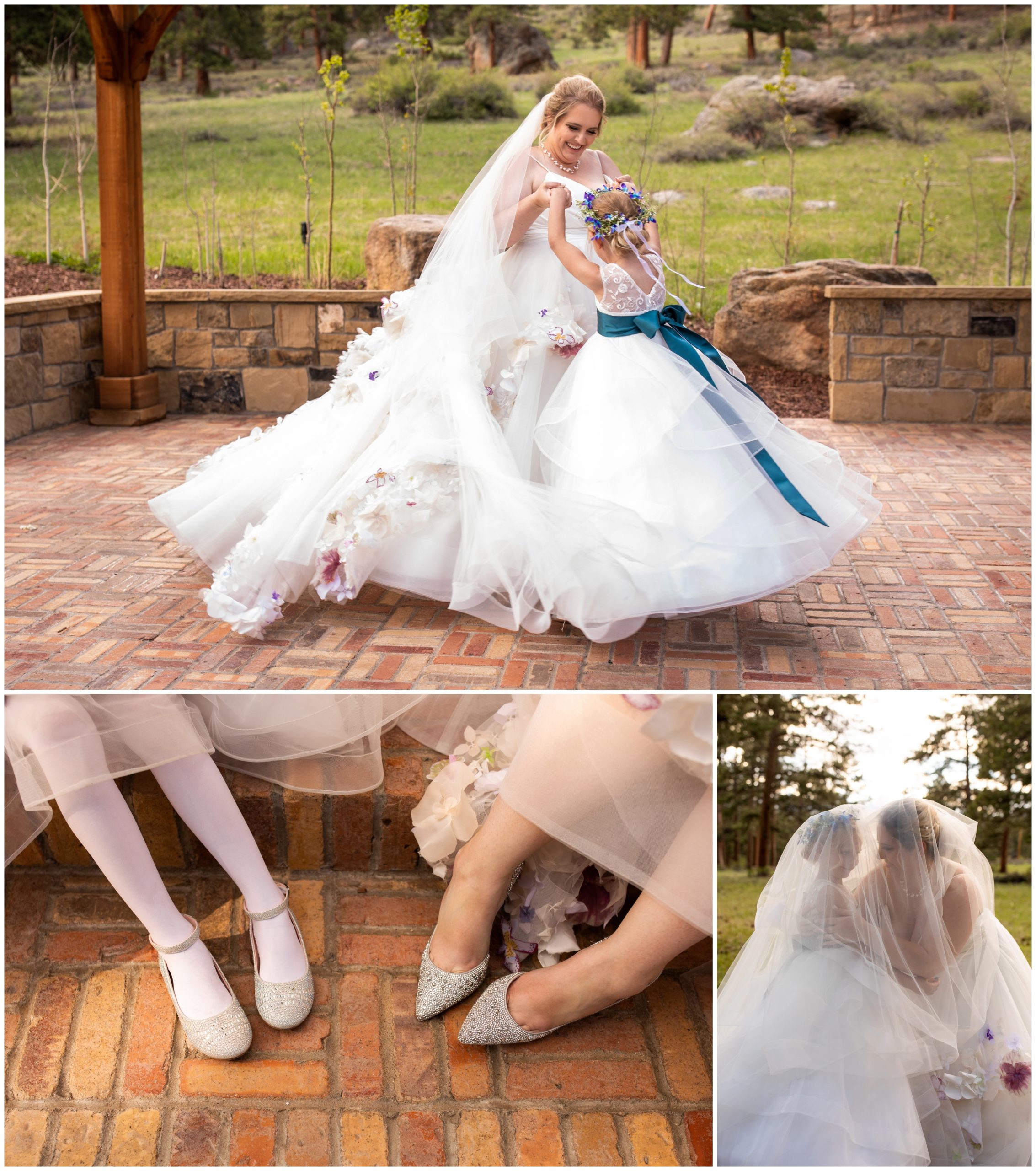 bride in ballgown spinning flower girl on dance floor at Colorado summer wedding