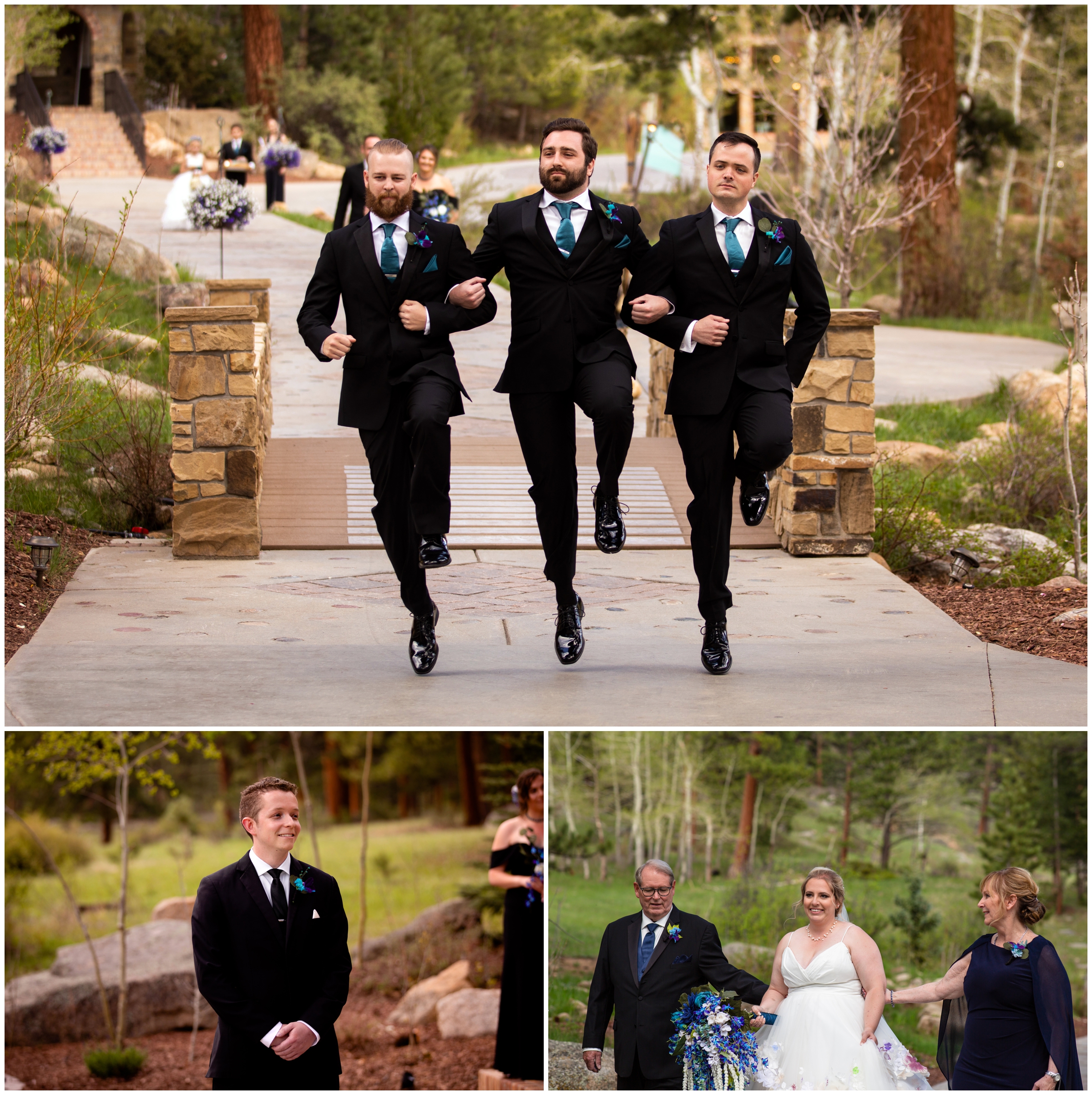 groomsmen skipping down the aisle during Della terra Colorado wedding 