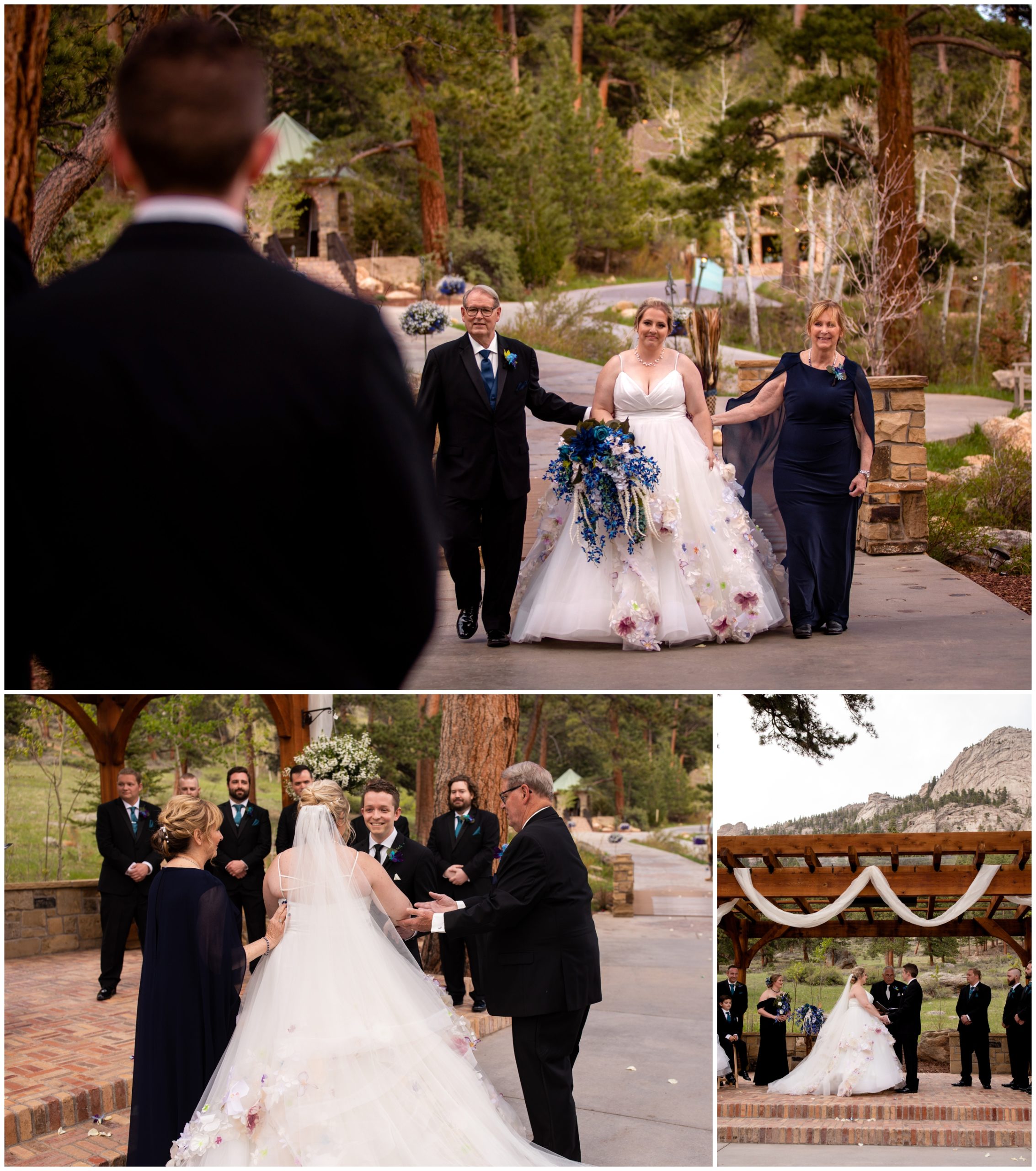 bride walking down aisle at Della terra outdoor wedding ceremony 