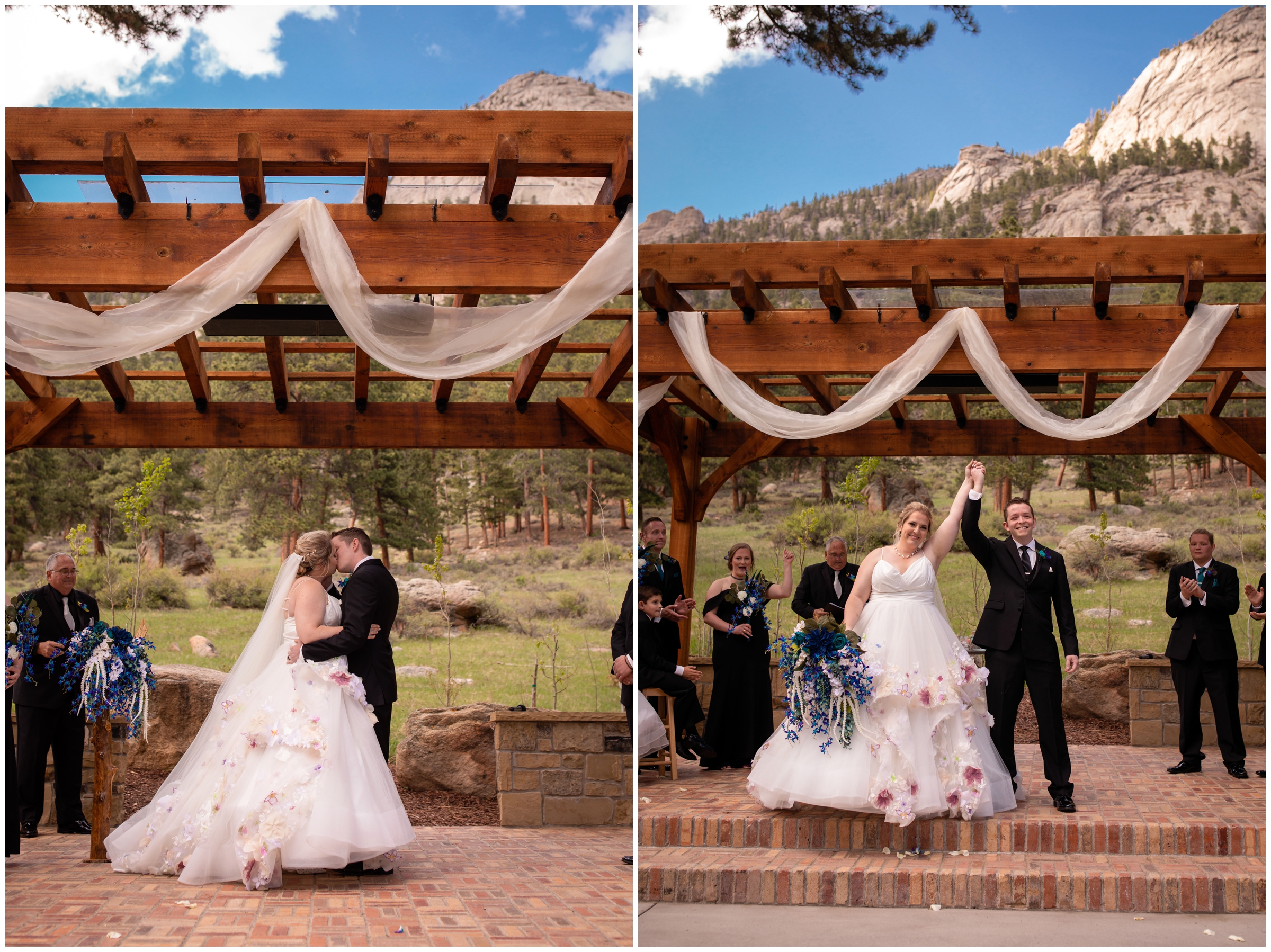 first kiss at outdoor Della Terra Colorado wedding ceremony 