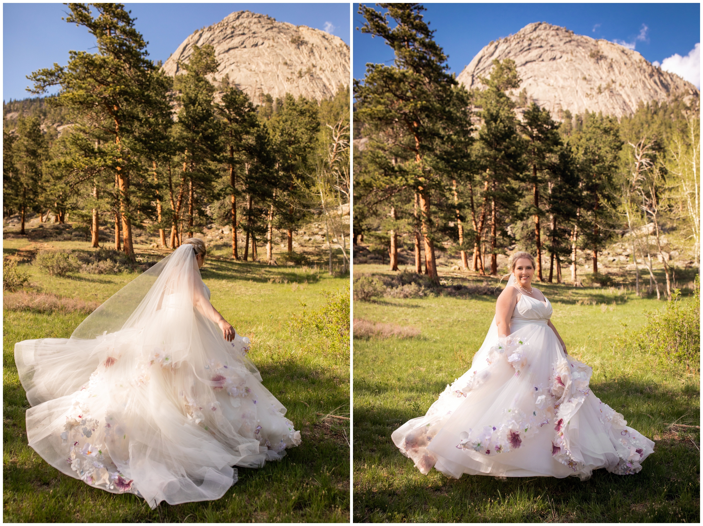 bride spinning with mountains in background during Della Terra wedding photography 