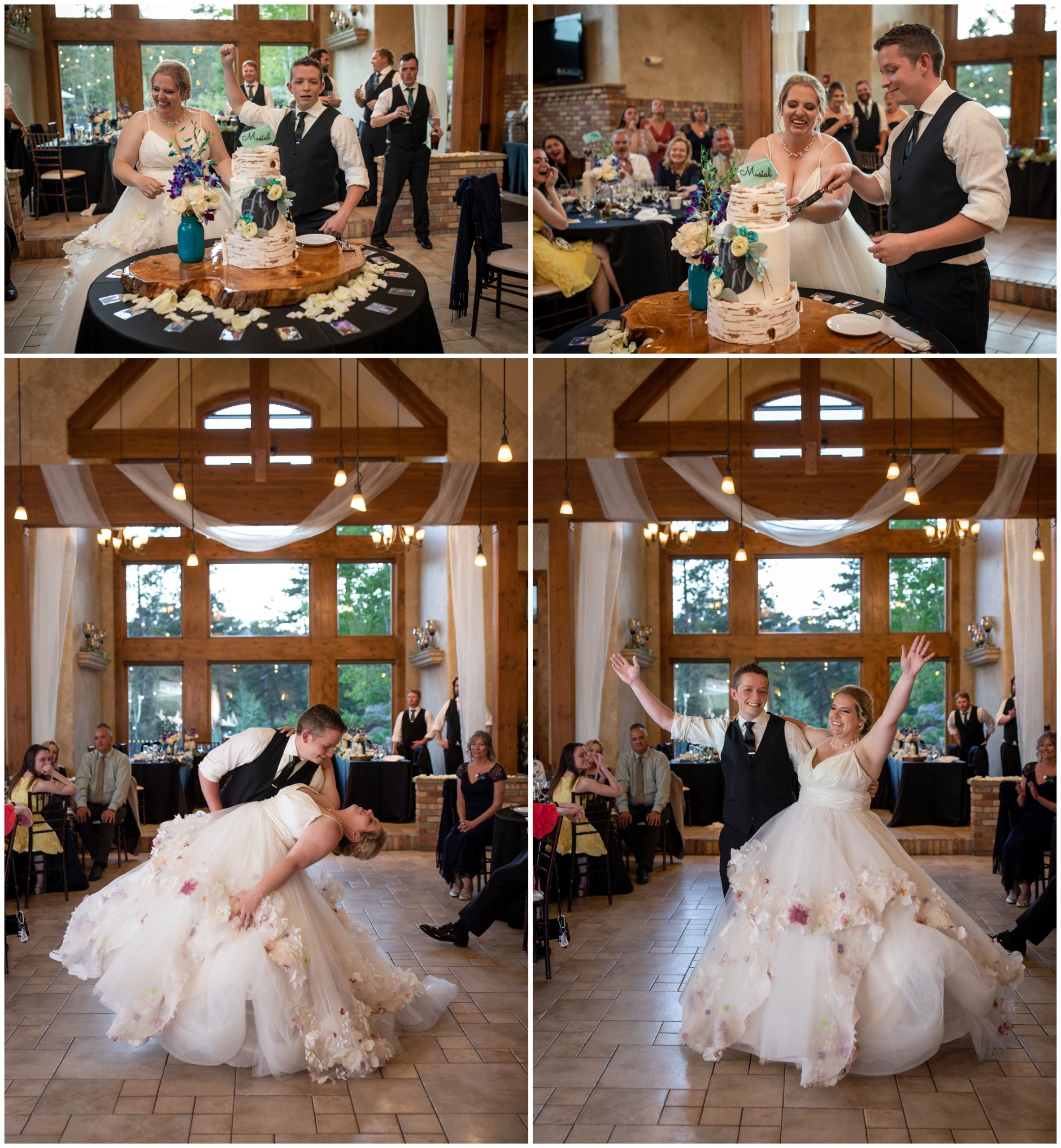 groom dipping bride during first dance at Della Terra Mountain Chateau wedding reception 