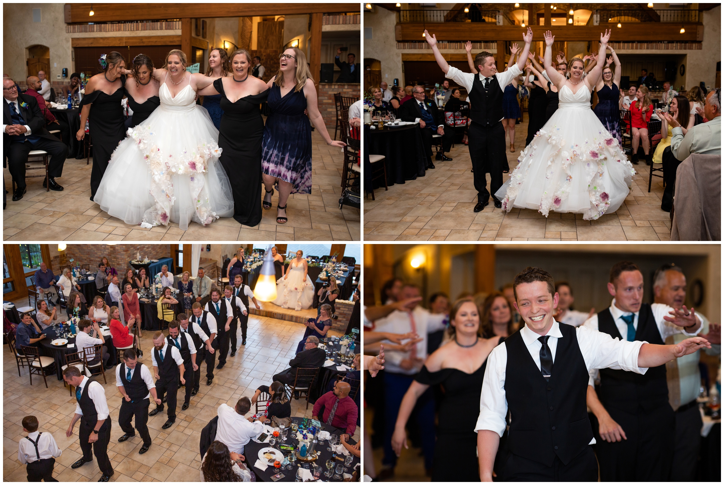 bride and groom and wedding party doing surprised choreographed dance at Colorado reception 