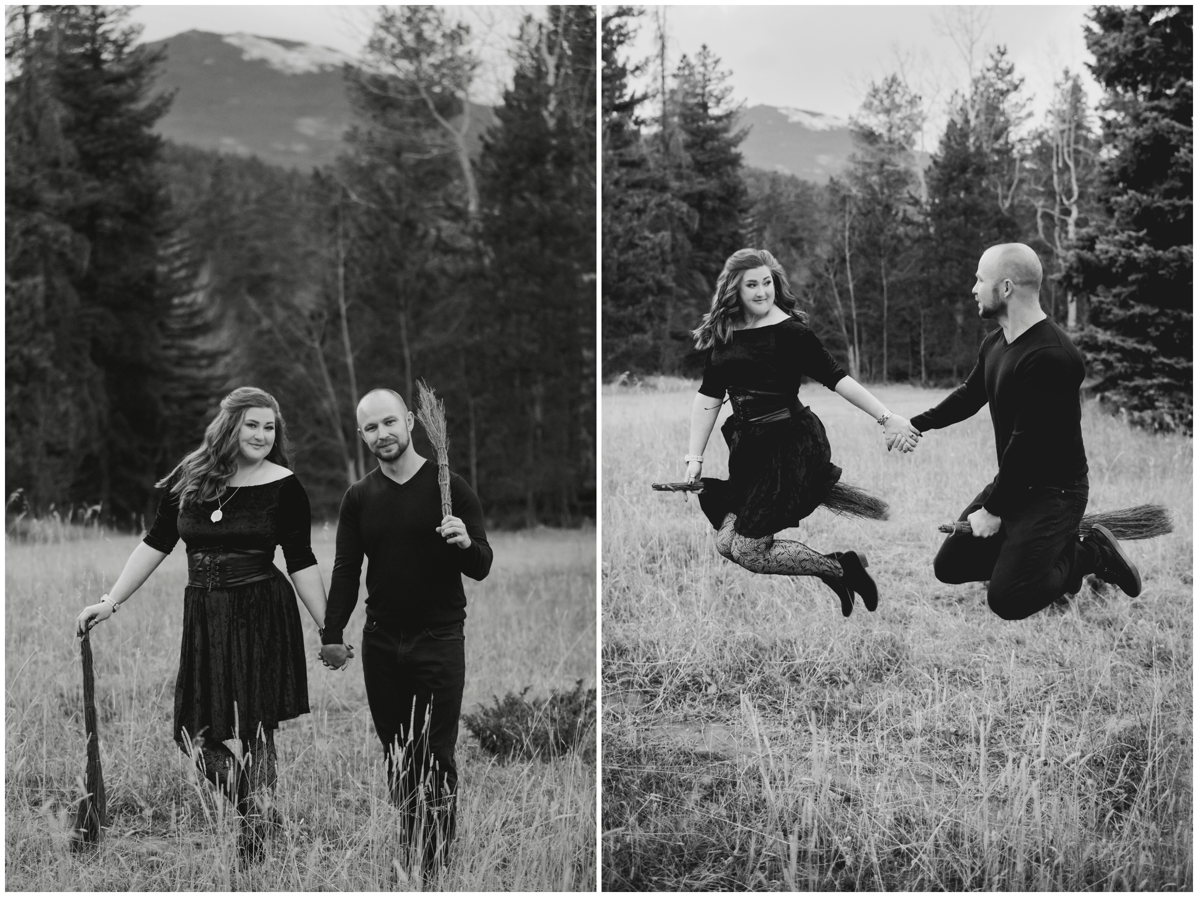 couple flying on broomsticks during Harry Potter engagement photos in Colorado 
