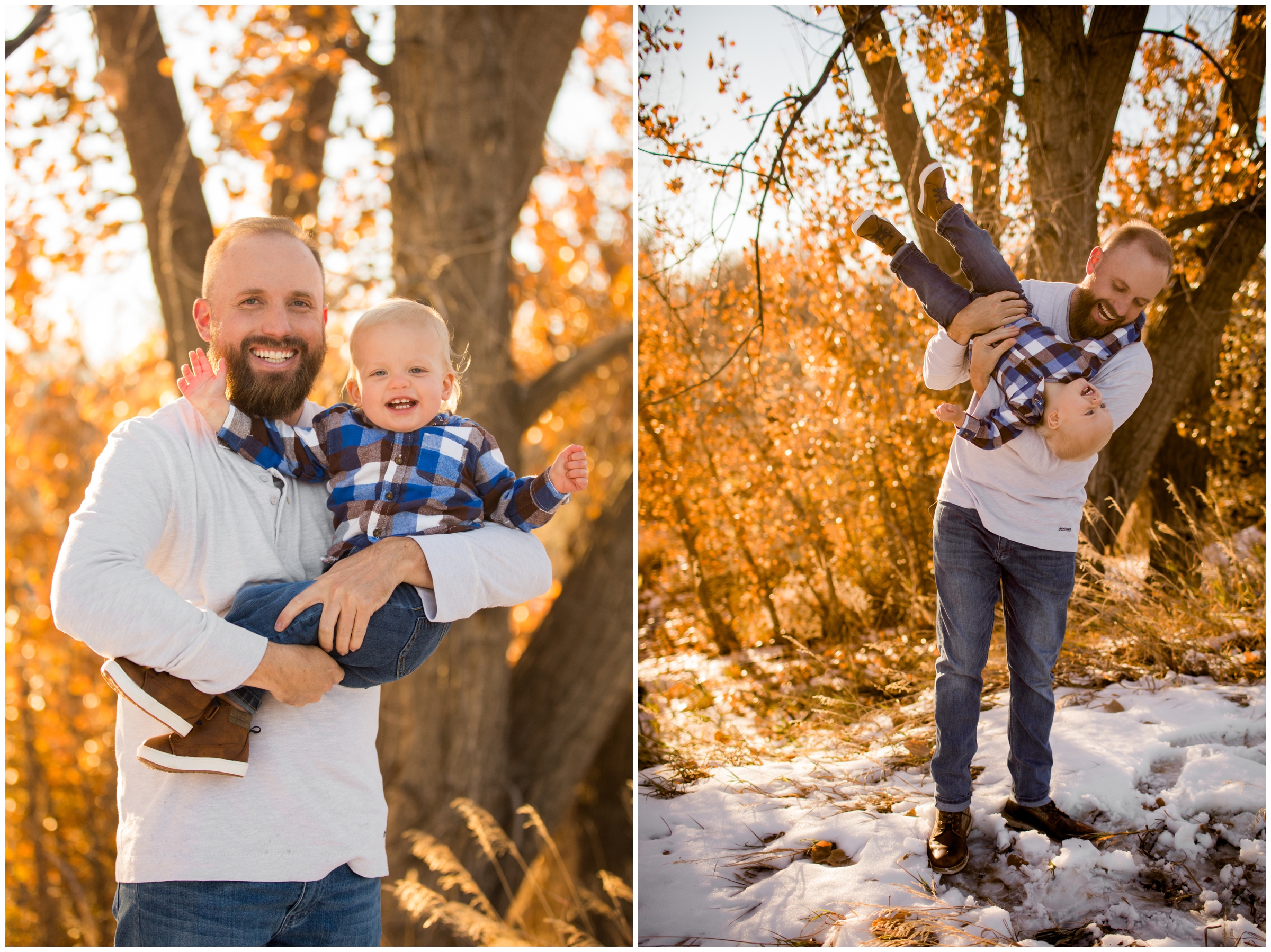 dad hanging son upside down during fall family pictures in Fort Collins 