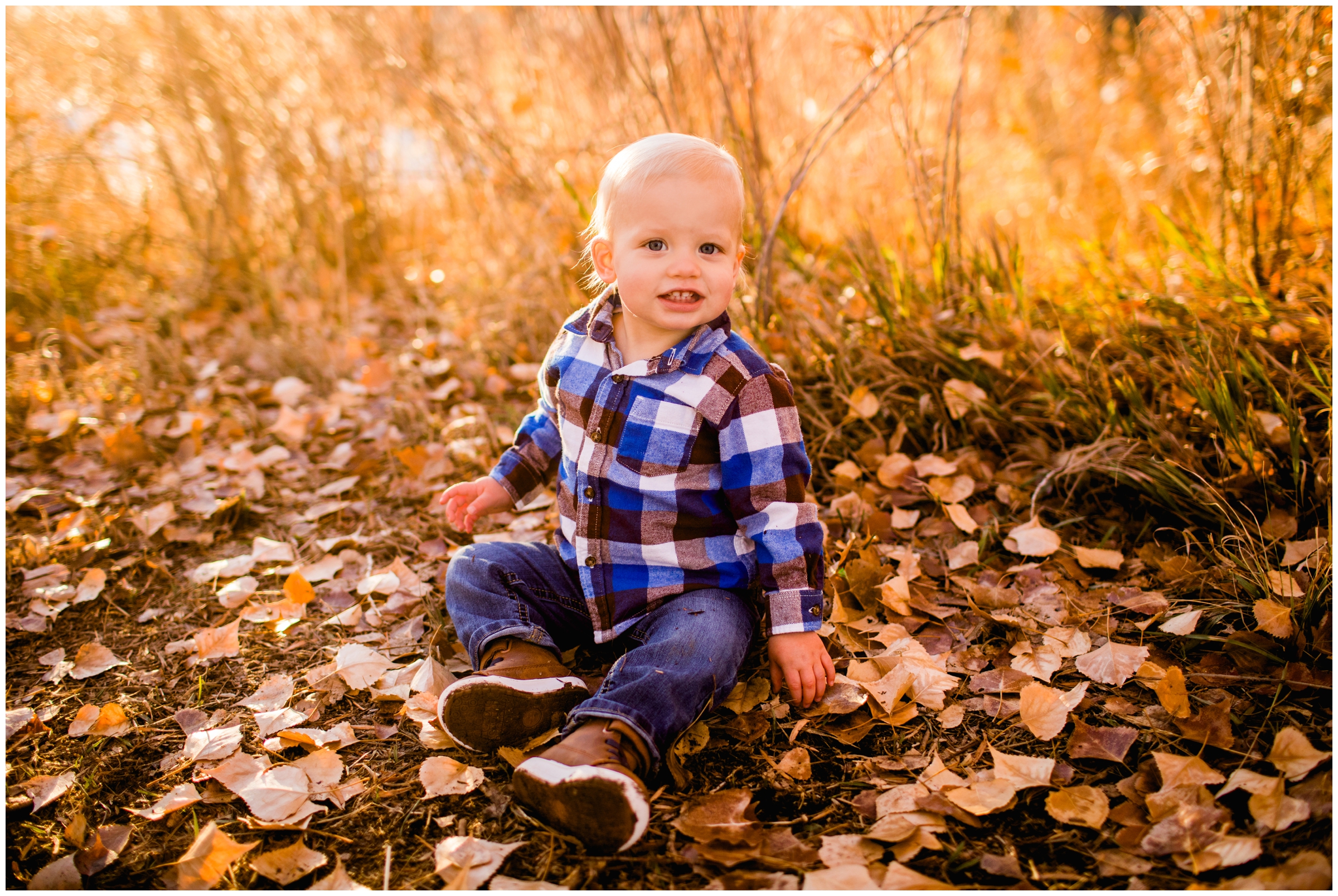 little boy sitting in pile of leaves during Colorado family portraits in Ft. Collins