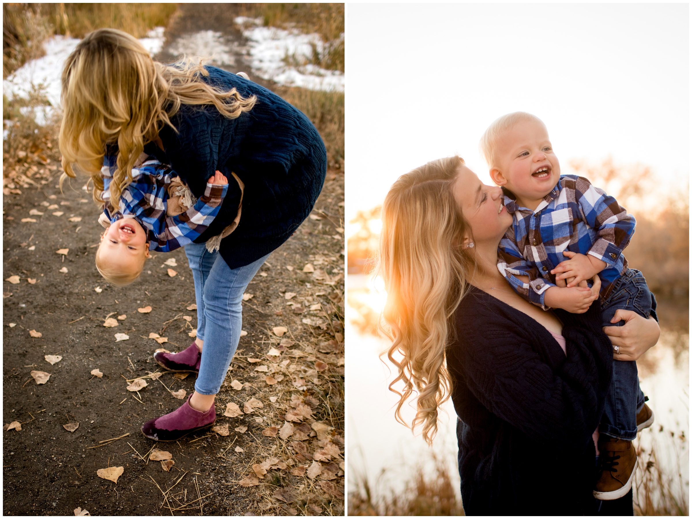 mom tipping son upside down during Colorado fall family photography session 