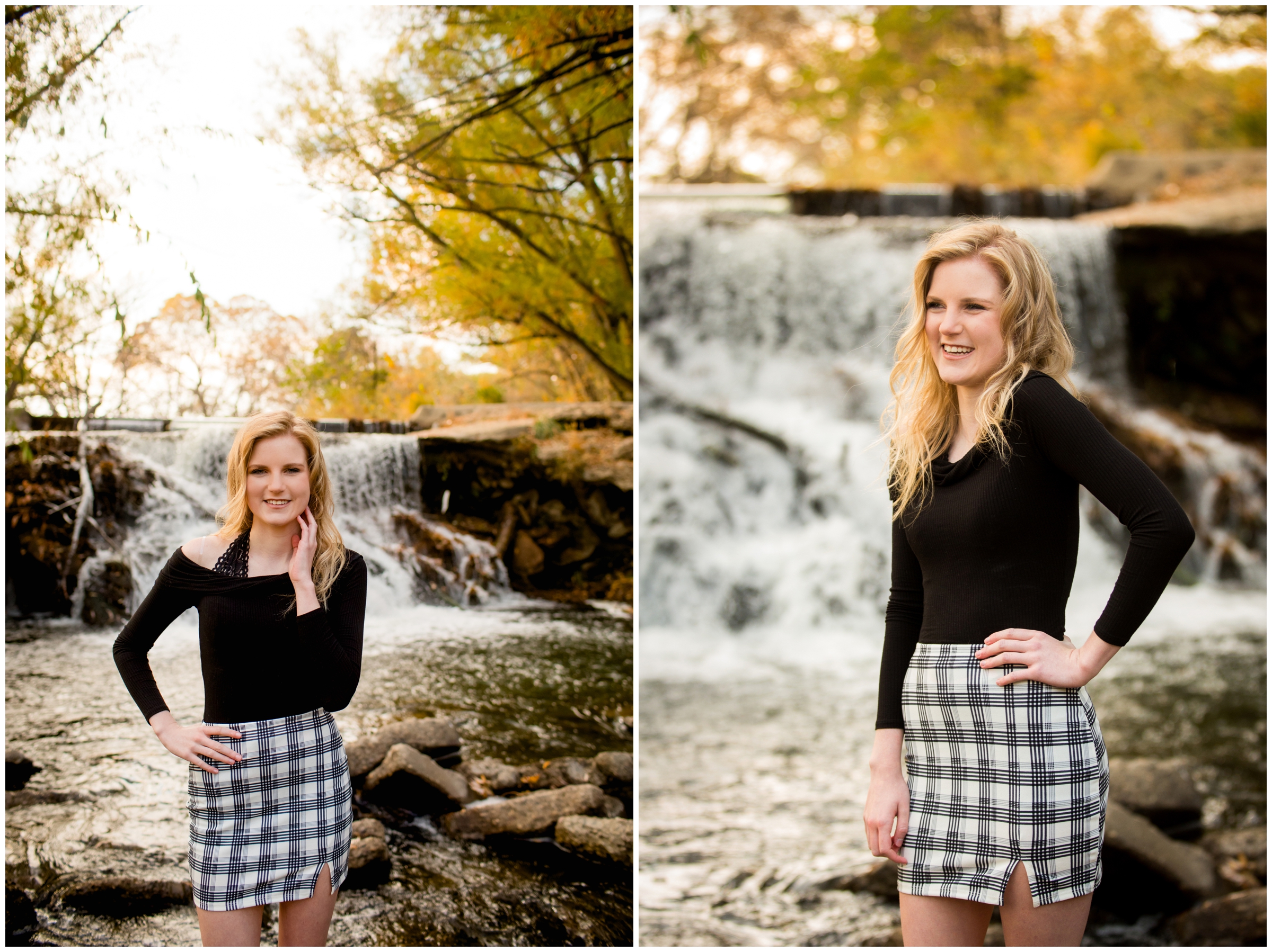 Fall senior portraits by waterfall at Golden Ponds Longmont 