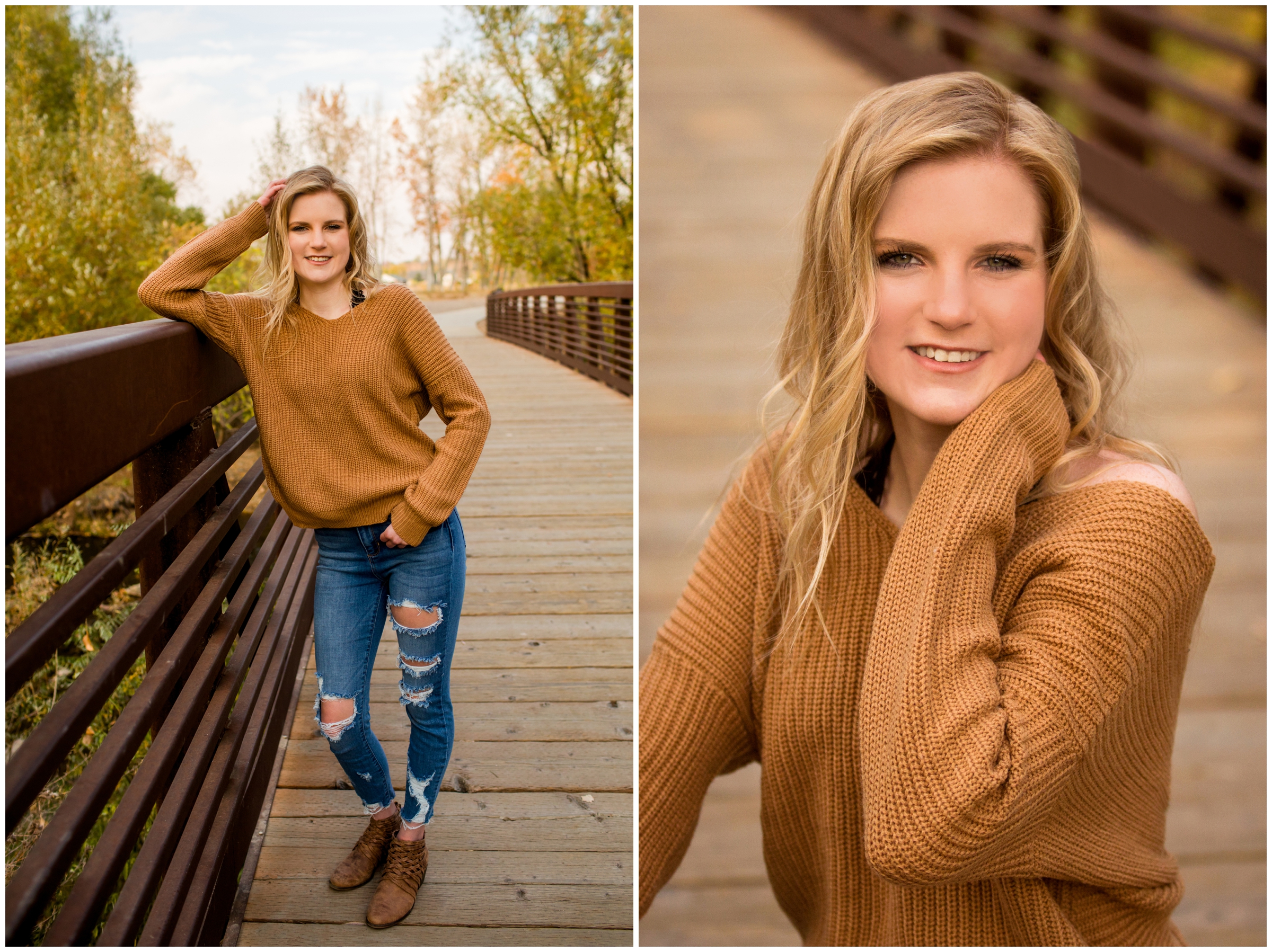 teen girl posing on bridge for fall senior portraits in Colorado 