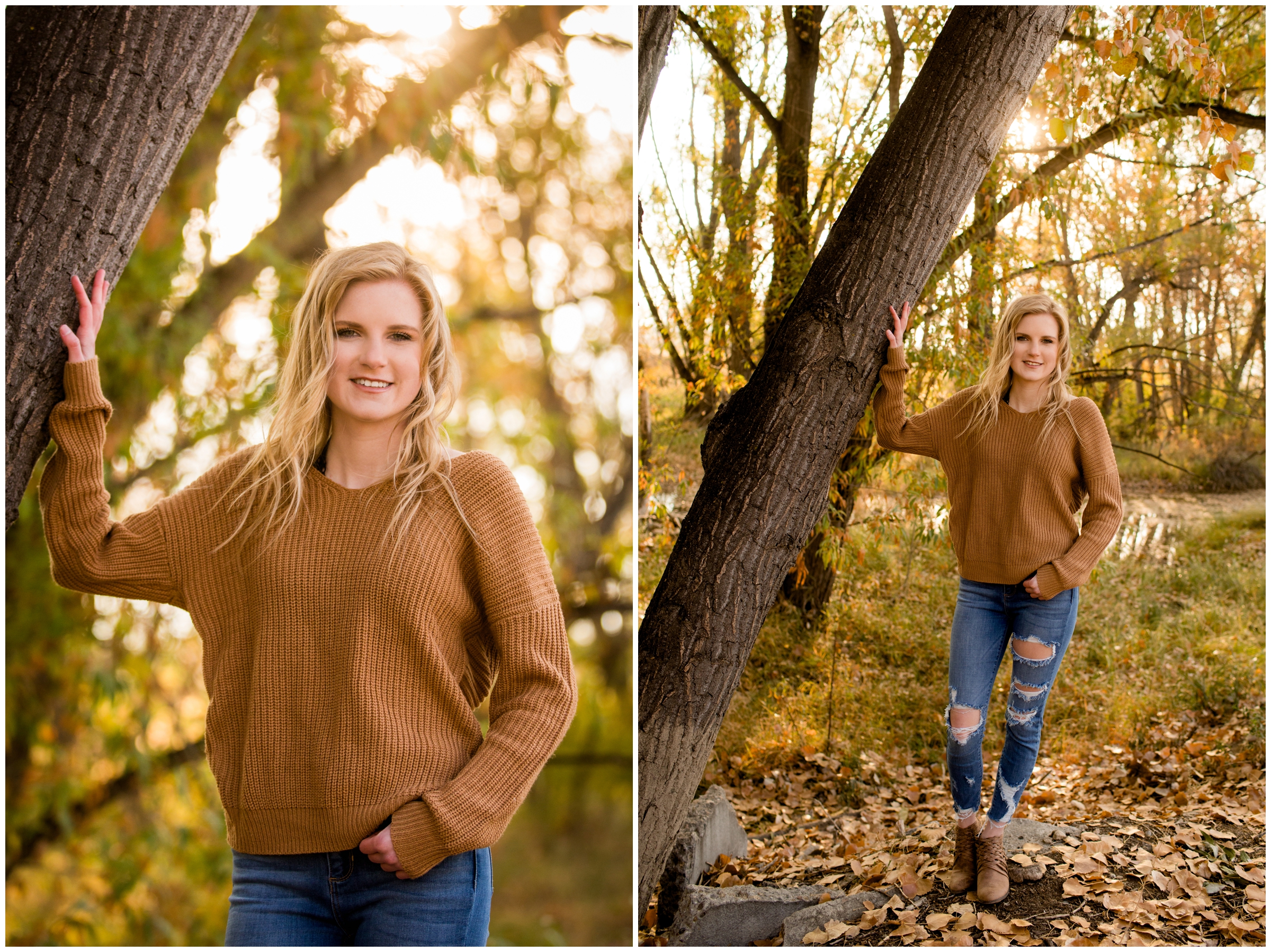 Teen girl leaning against tree with fall foliage in background during Boulder County portraits 