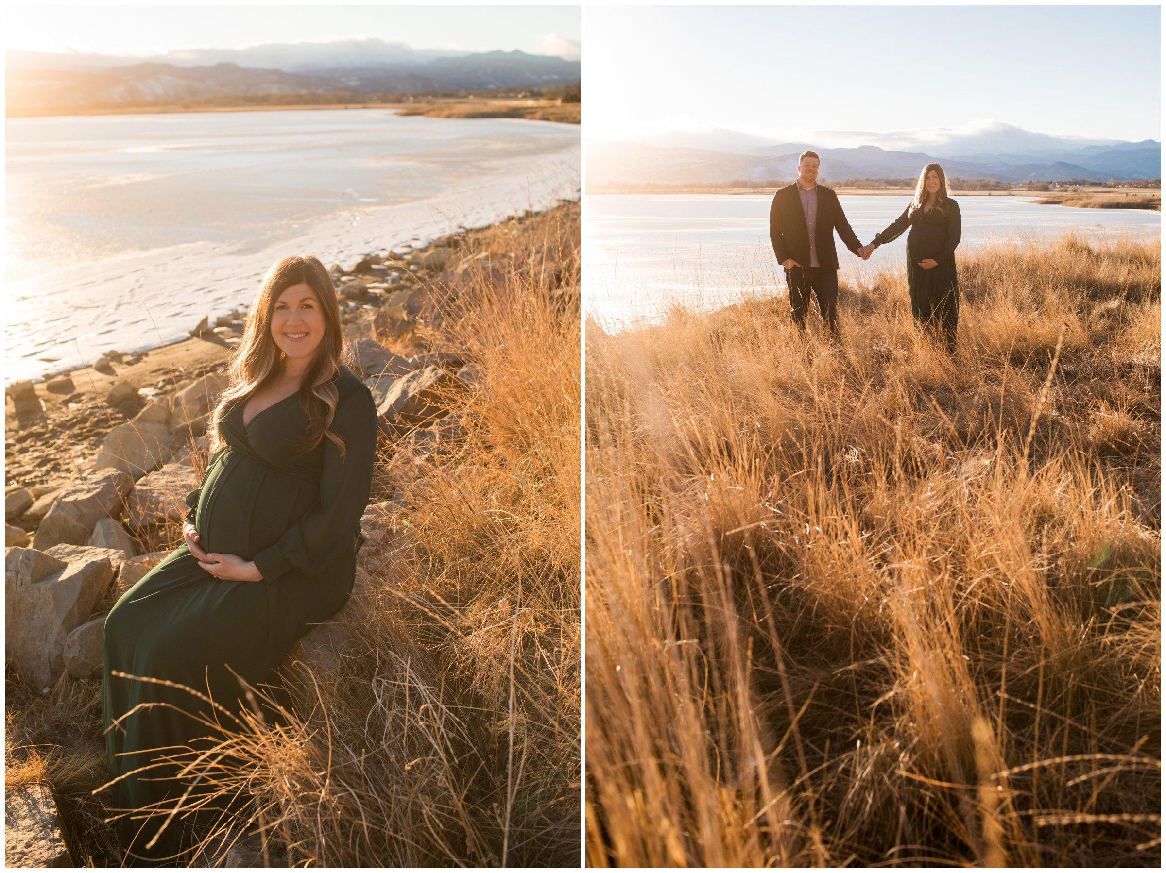 couple posing in field of long grasses during Colorado maternity portraits 