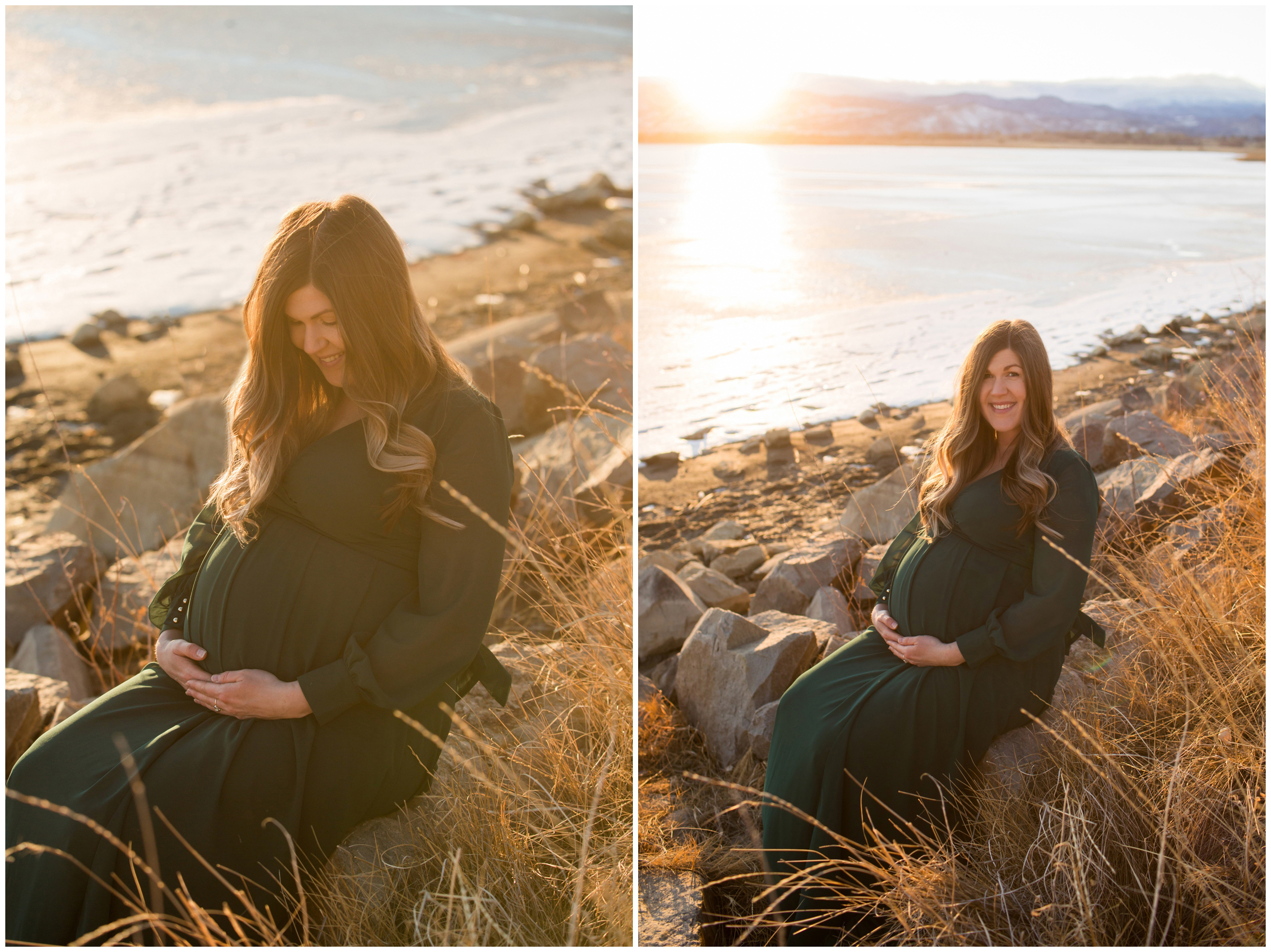 woman posing in front of mountain lake during Colorado winter maternity portraits