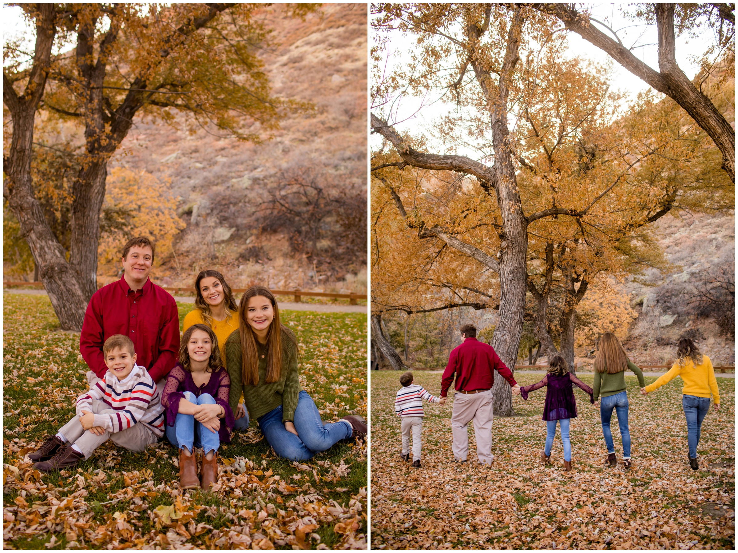 family walking through leaves during Colorado fall family photography session in Lyons