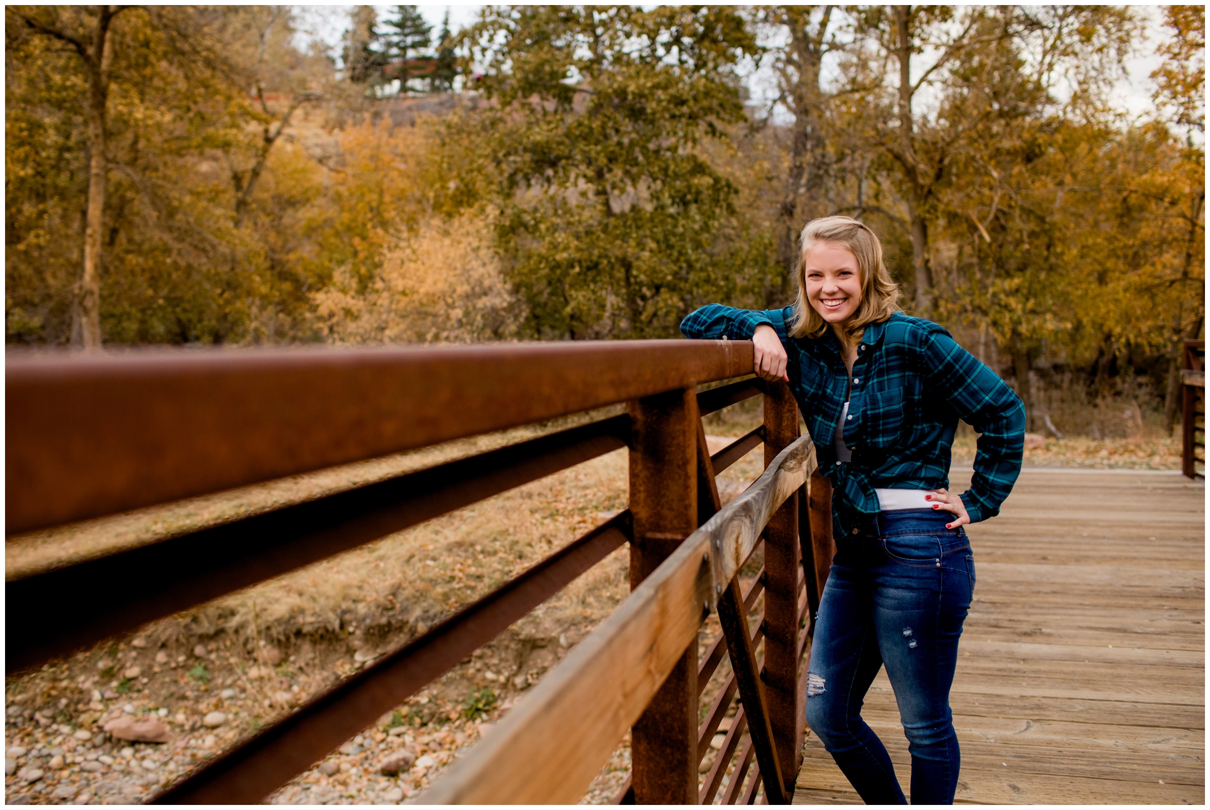 teen posing on bridge during mountain senior photos in Lyons Colorado 