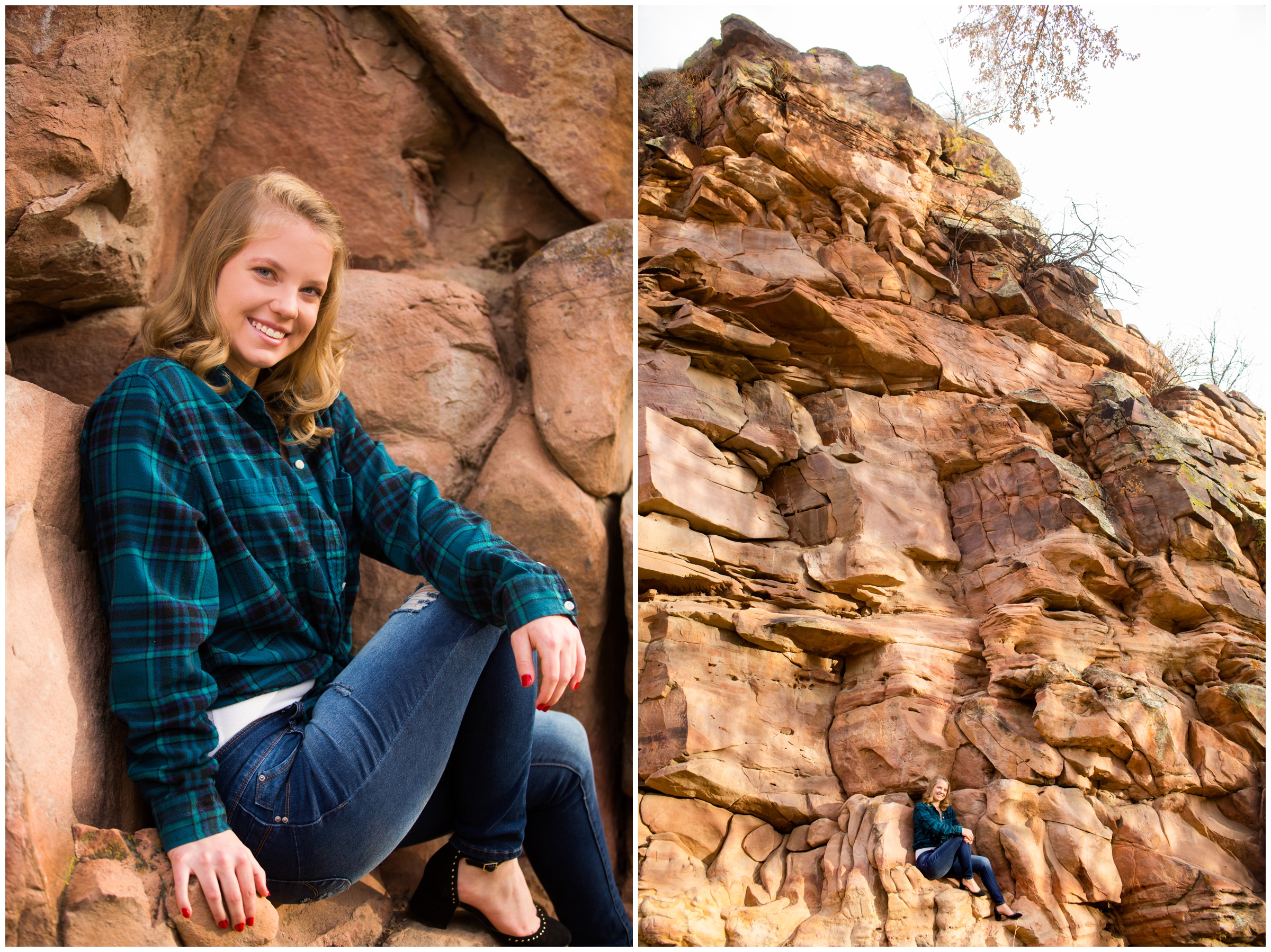 teen girl posing sitting on large rock formations during Lyons Colorado senior photos 