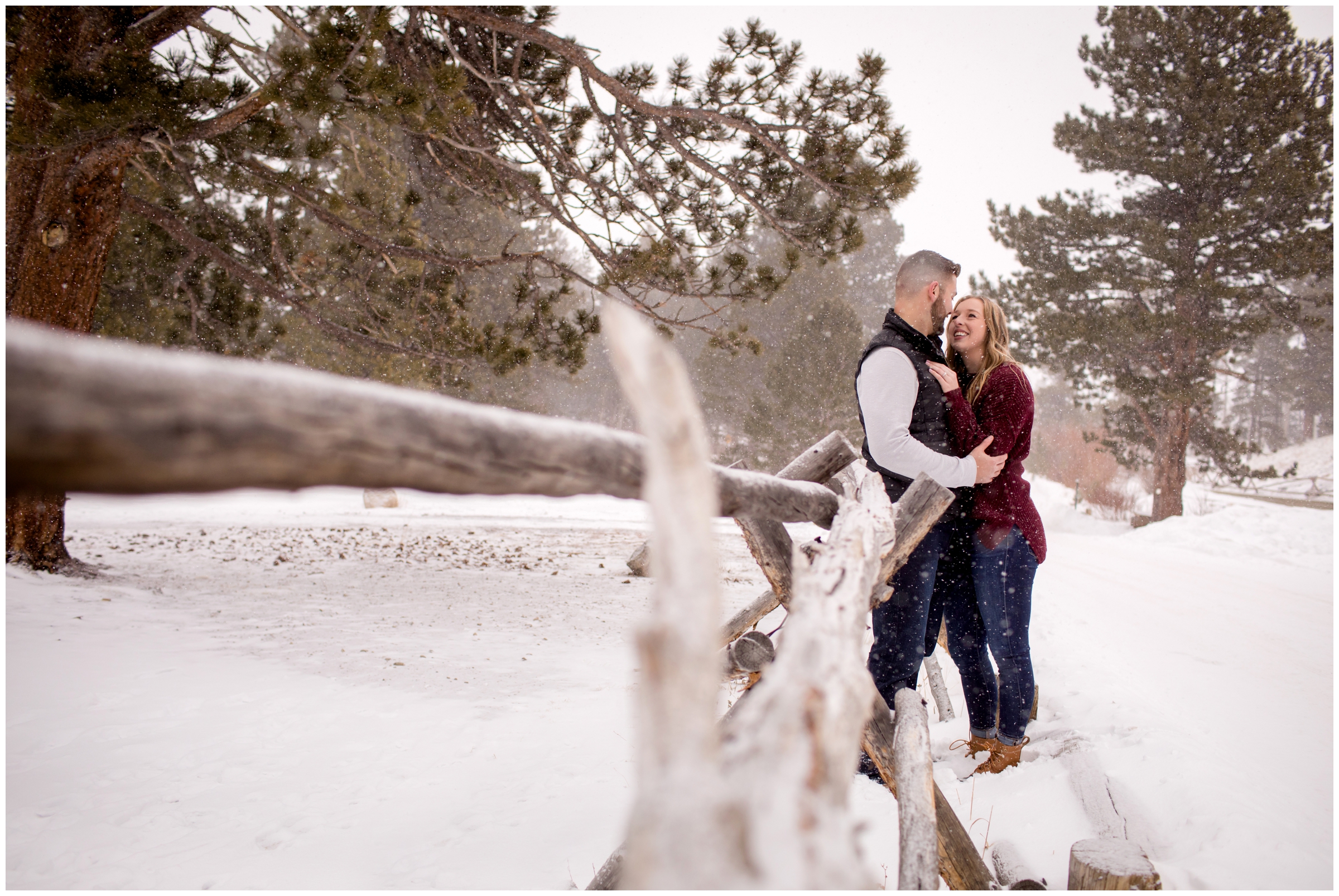 Snowy RMNP winter engagement photos at Sprague Lake and Bear Lake by Colorado wedding photographer Plum Pretty Photography