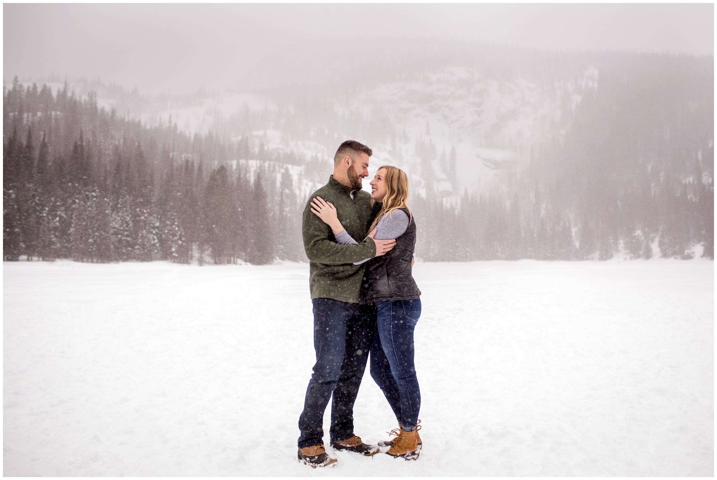 Snowy RMNP winter engagement photos at Bear Lake by Colorado wedding photographer Plum Pretty Photo