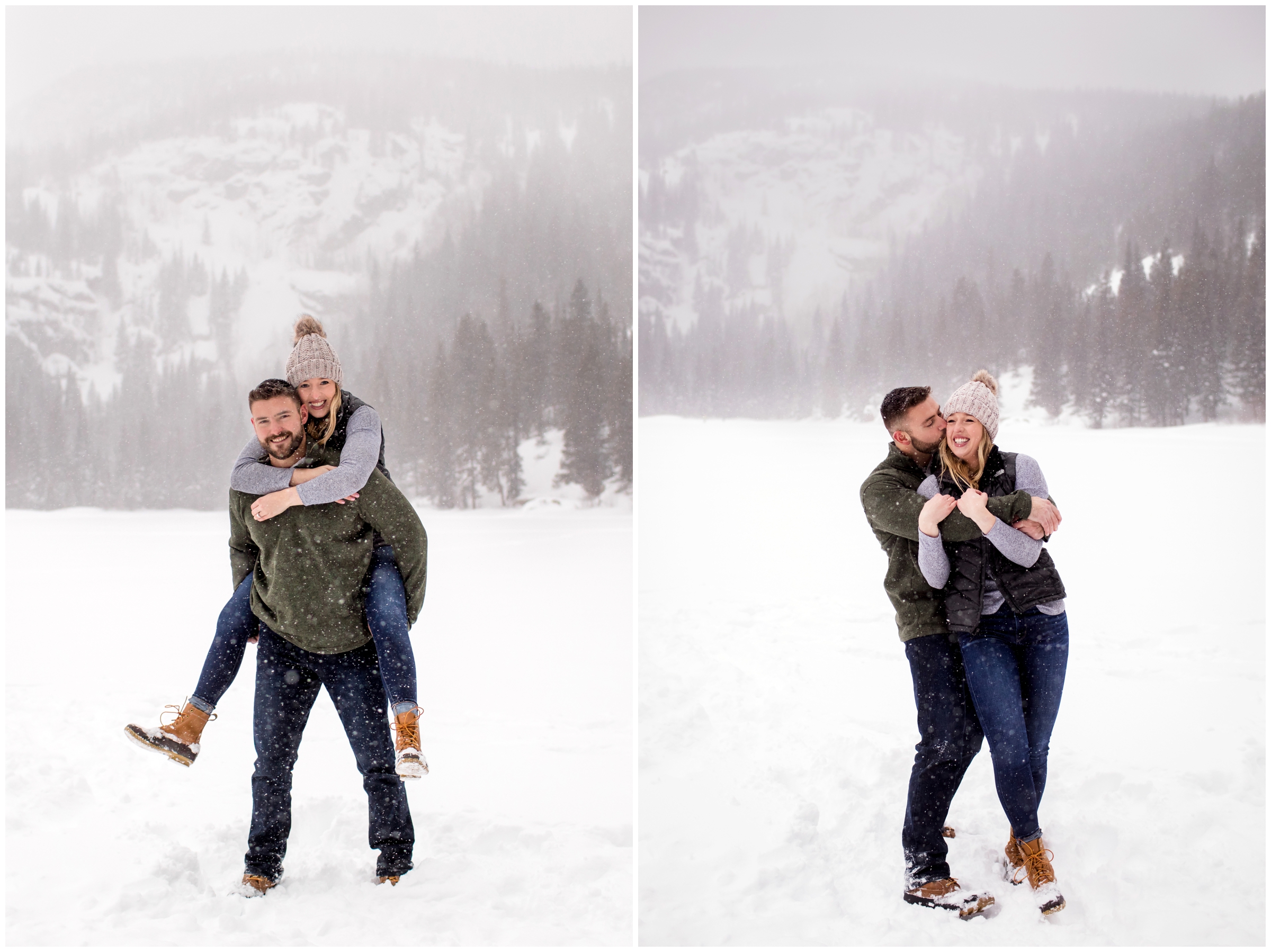 guy giving fiancé piggy back ride during snowy winter engagement photos in Colorado