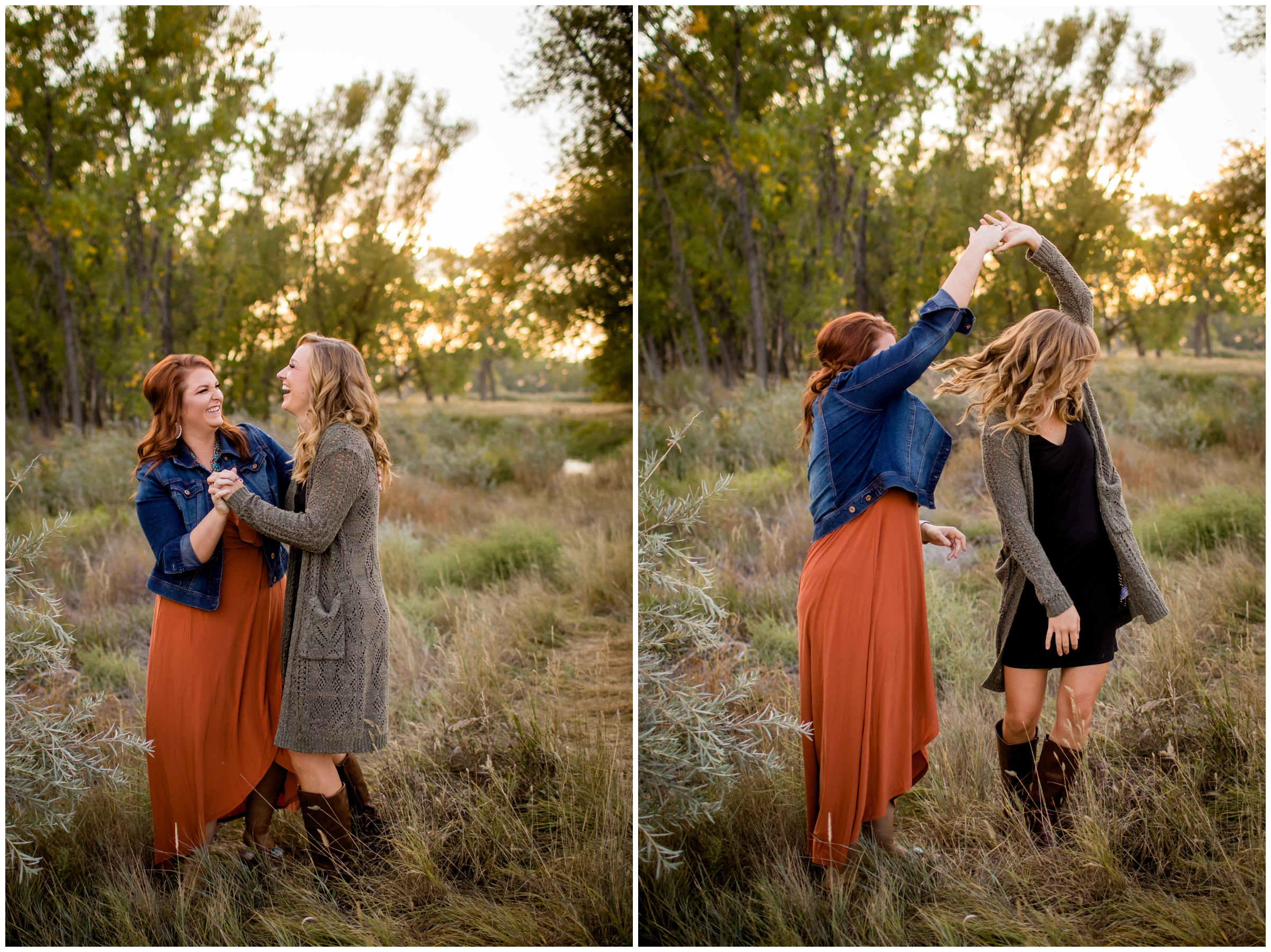 two ladies dancing during Longmont fall family photos 