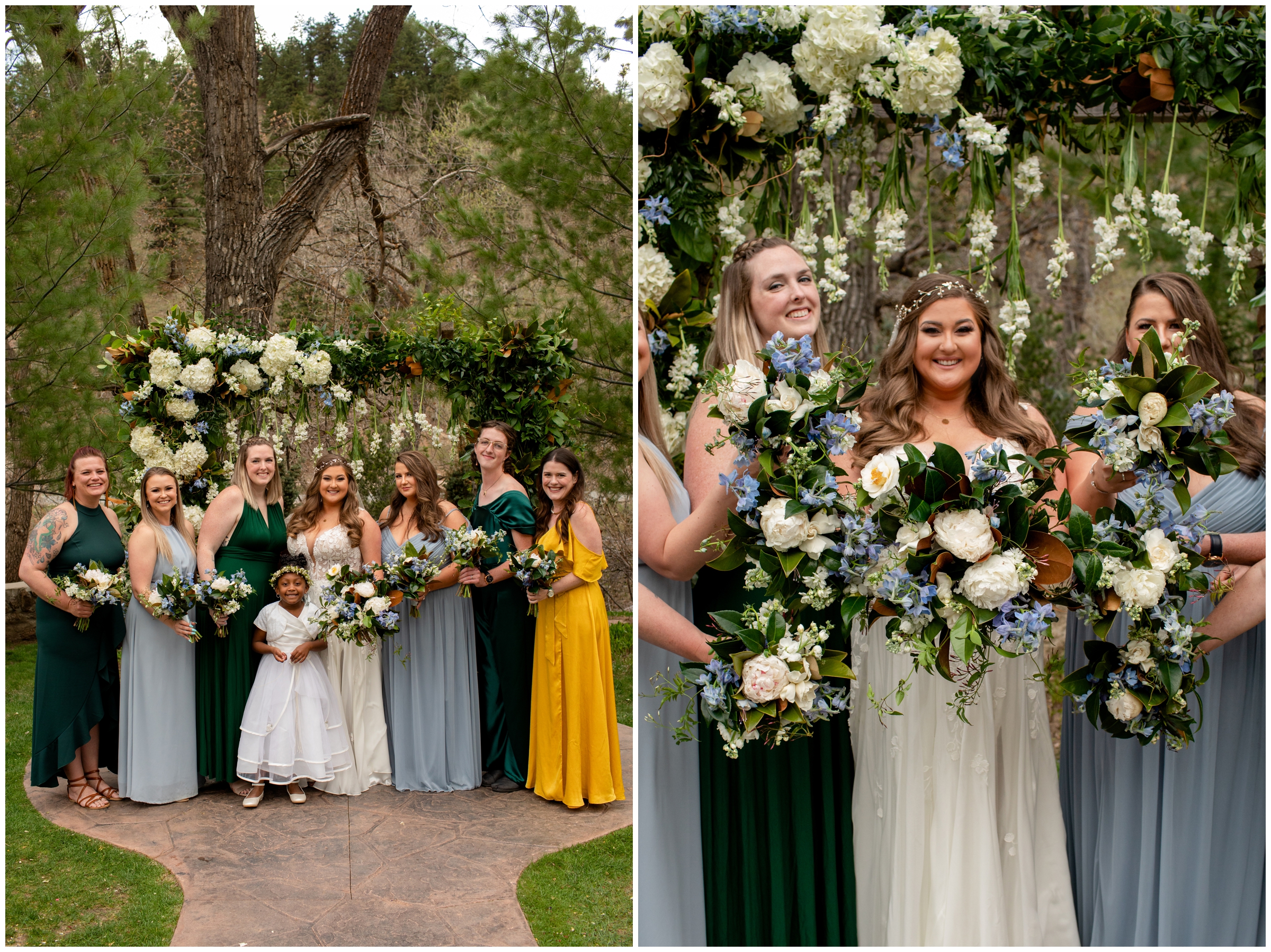 bridesmaids in various colors during Boulder Colorado spring wedding portraits 