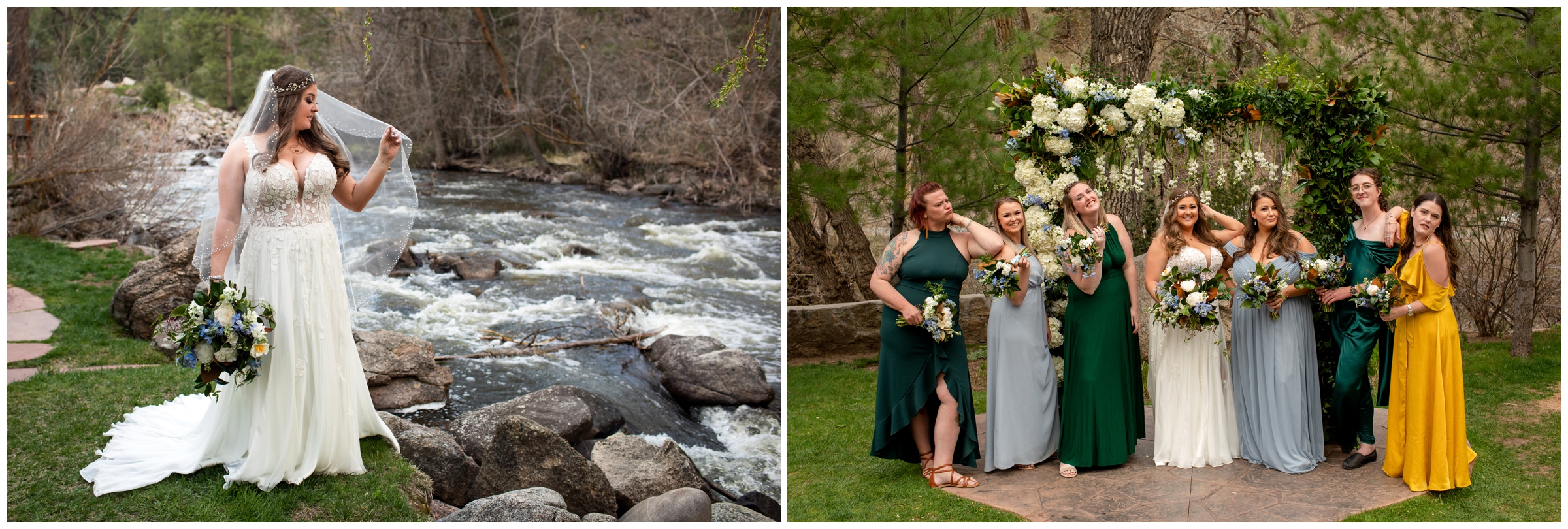 bride holding veil and posing next to the river during Boulder wedding pictures 