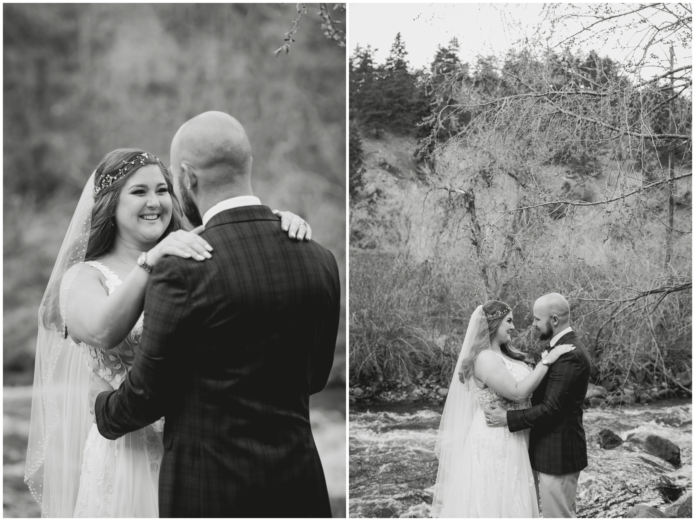 bride and groom portraits next to the river in Boulder Canyon Colorado 