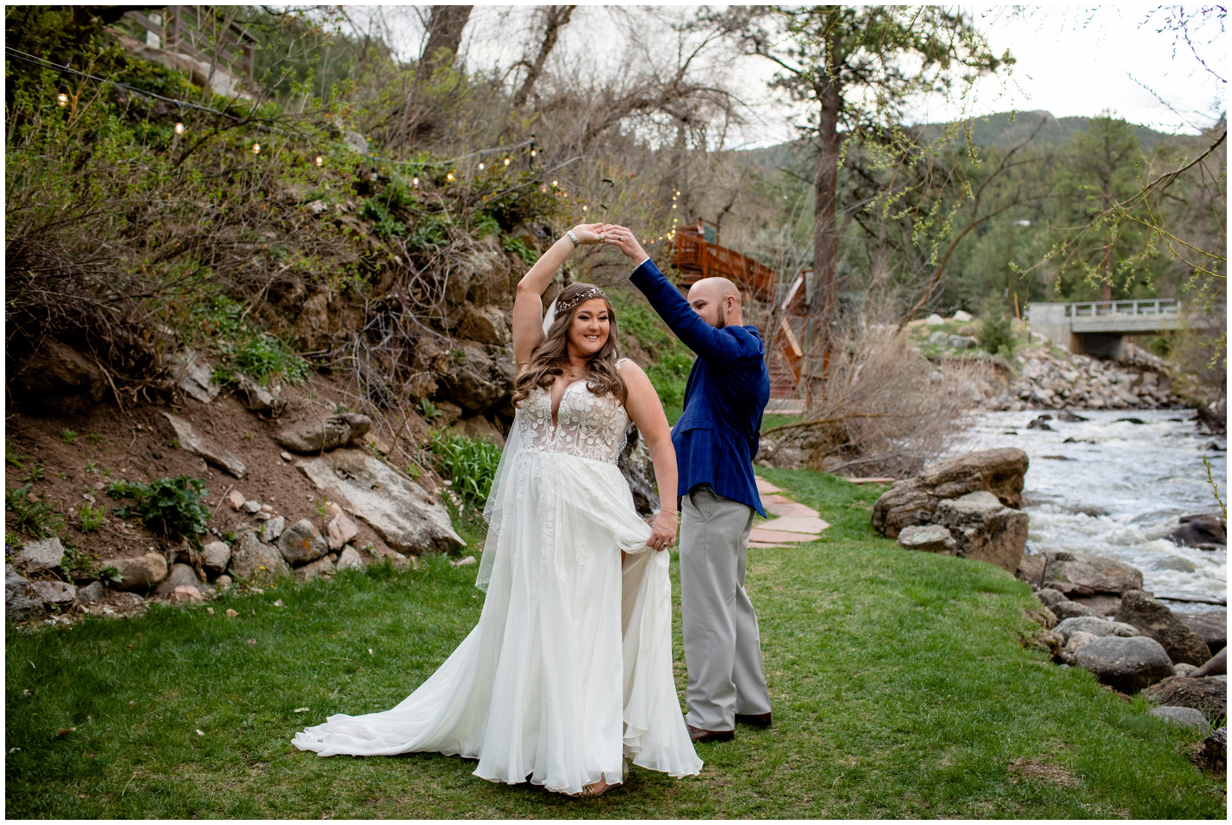 bride and groom dancing during Boulder wedding pictures at Wedgewood Weddings Boulder Creek 