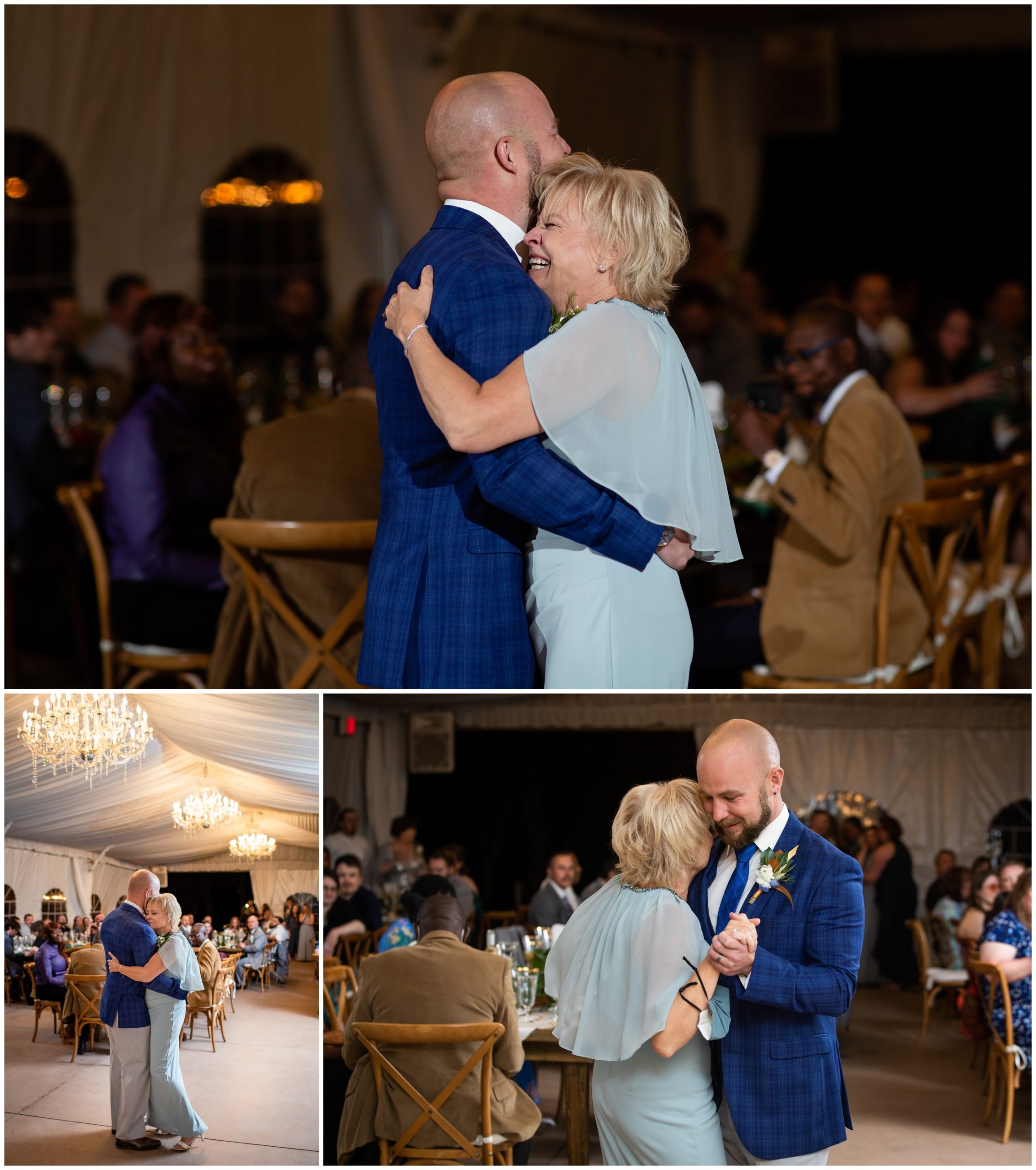 sweet mother son dance during tented reception in Colorado mountains 